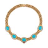 DEMI-PARURE EN OR, TURQUOISES, RUBIS ET DIAMANTS