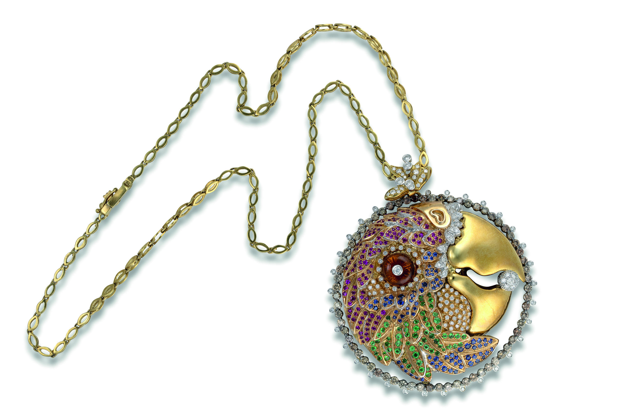 PENDENTIF AVEC SA CHAÎNE EN OR, CITRINE, ÉMERAUDES, RUBIS, SAPHIRS ET DIAMANTS