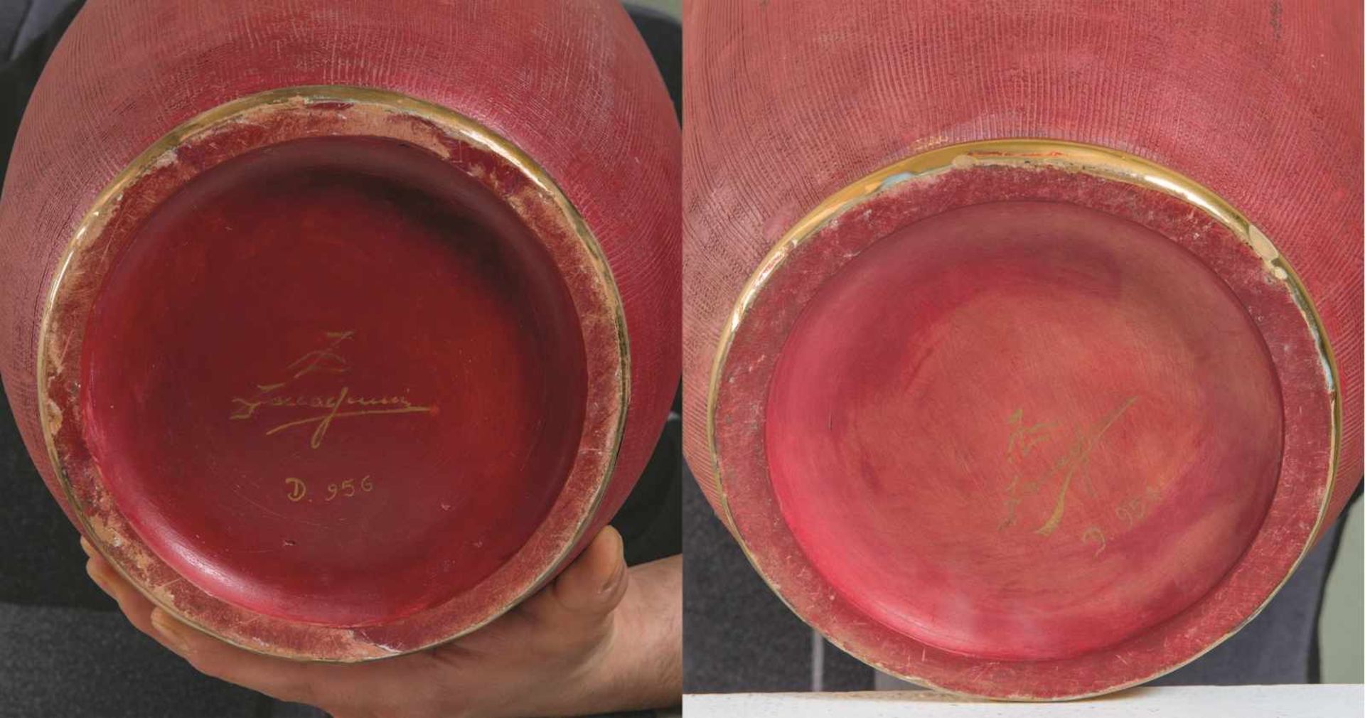 ZACCAGNINI, XX secolo. Coppia di vasi in ceramica policroma raffiguranti velieri. Cm 52, diametro: - Bild 3 aus 3