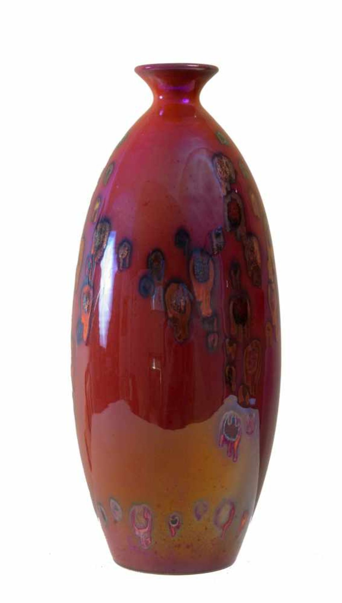 GIORDANO TRONCONI (Faenza, 1932). Vaso in maiolica a lustro. Decorazione astratta su base rossa.