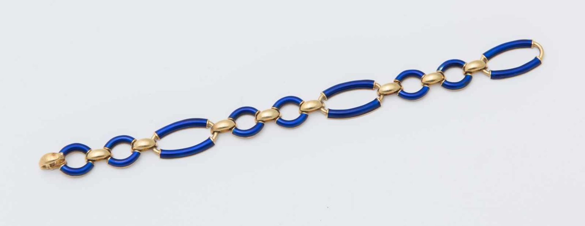BRACCIALE IN ORO E SMALTI in oro giallo 18K, a maglie ovali decorate con smalti blu. Peso compl - Bild 2 aus 2