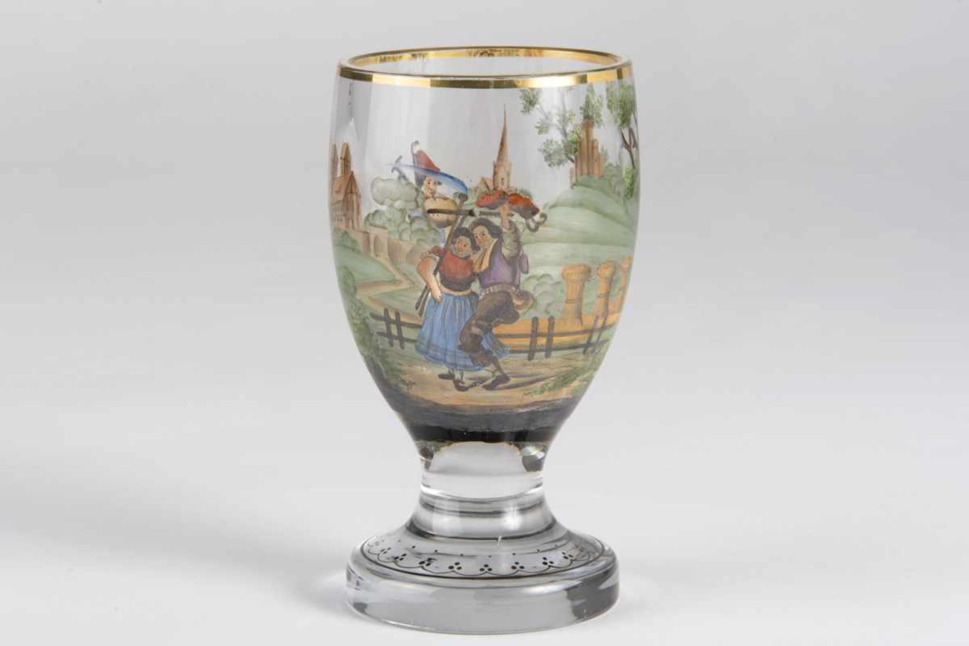 Fußbecher, 2.Hälfte 19.Jh.,farbloses Glas, bäuerliche Transparentbemalung, Goldrand, Höhe 14,5 cm;