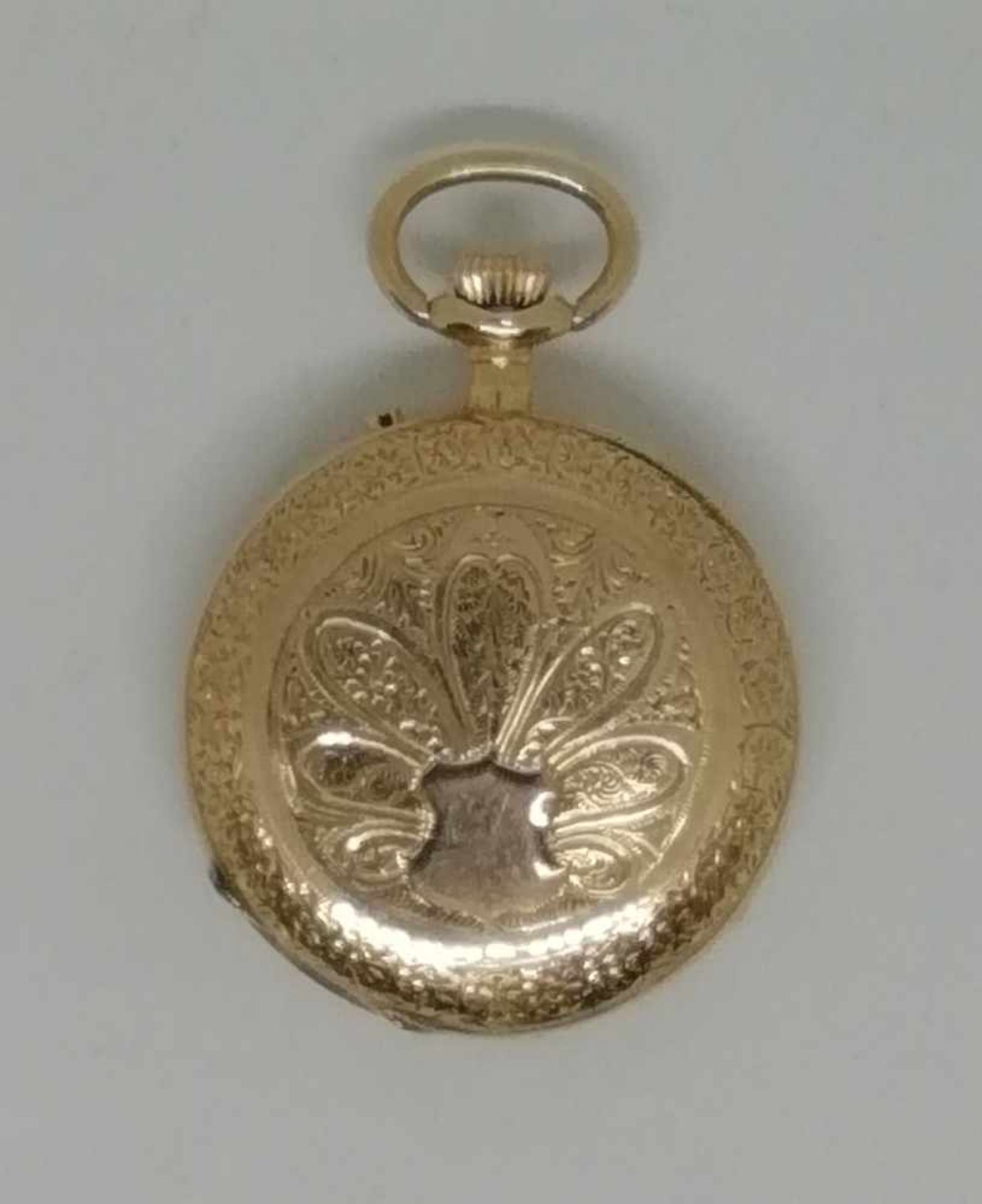 Goldene Damentaschenuhr, Anfang 20.Jh., Gold 585, Zylinderwerk, Handaufzug, weißes Zifferblatt mit - Bild 2 aus 2