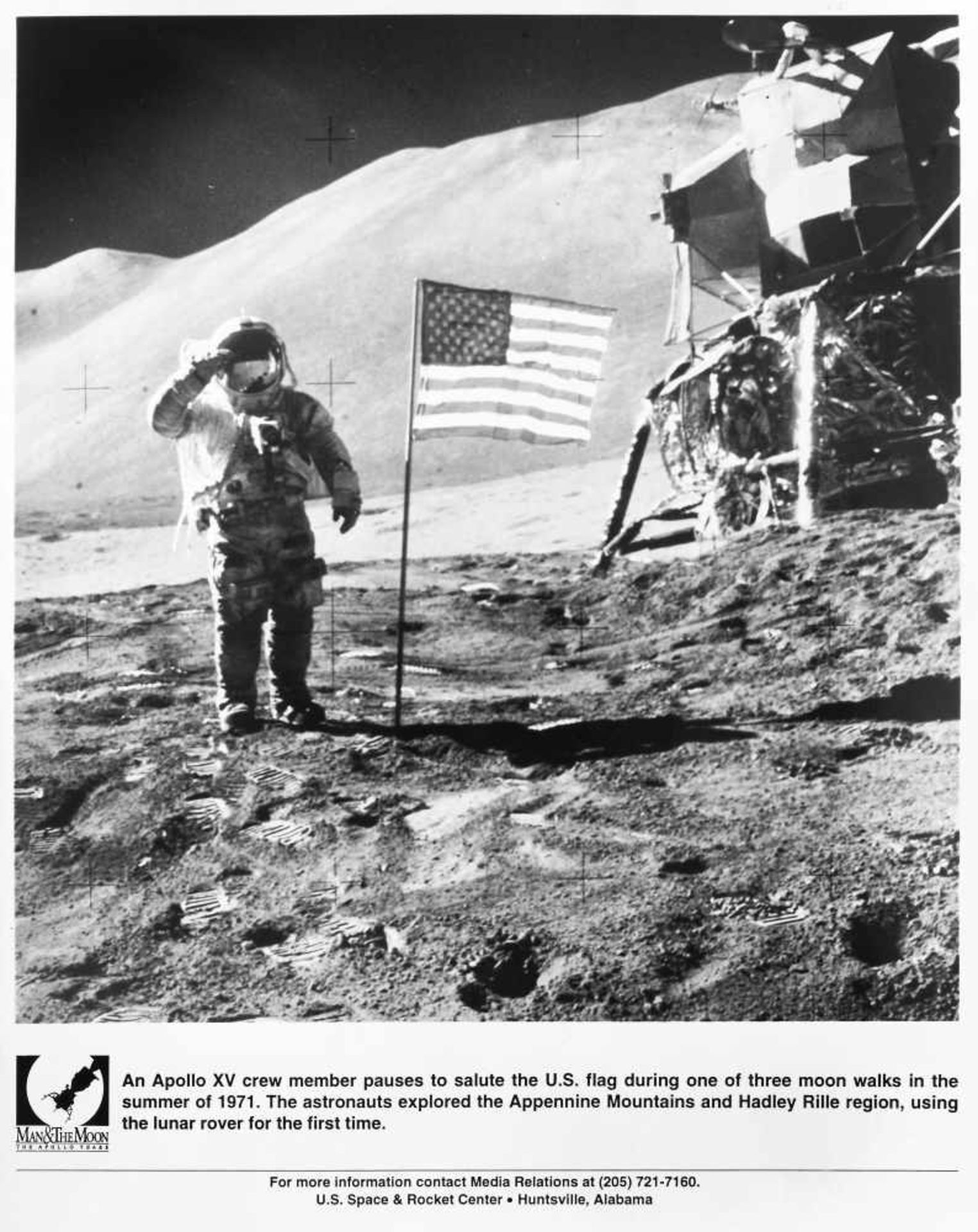 Photographic reproduction of a member of the Apollo XV crew honouring the American flag, 1971