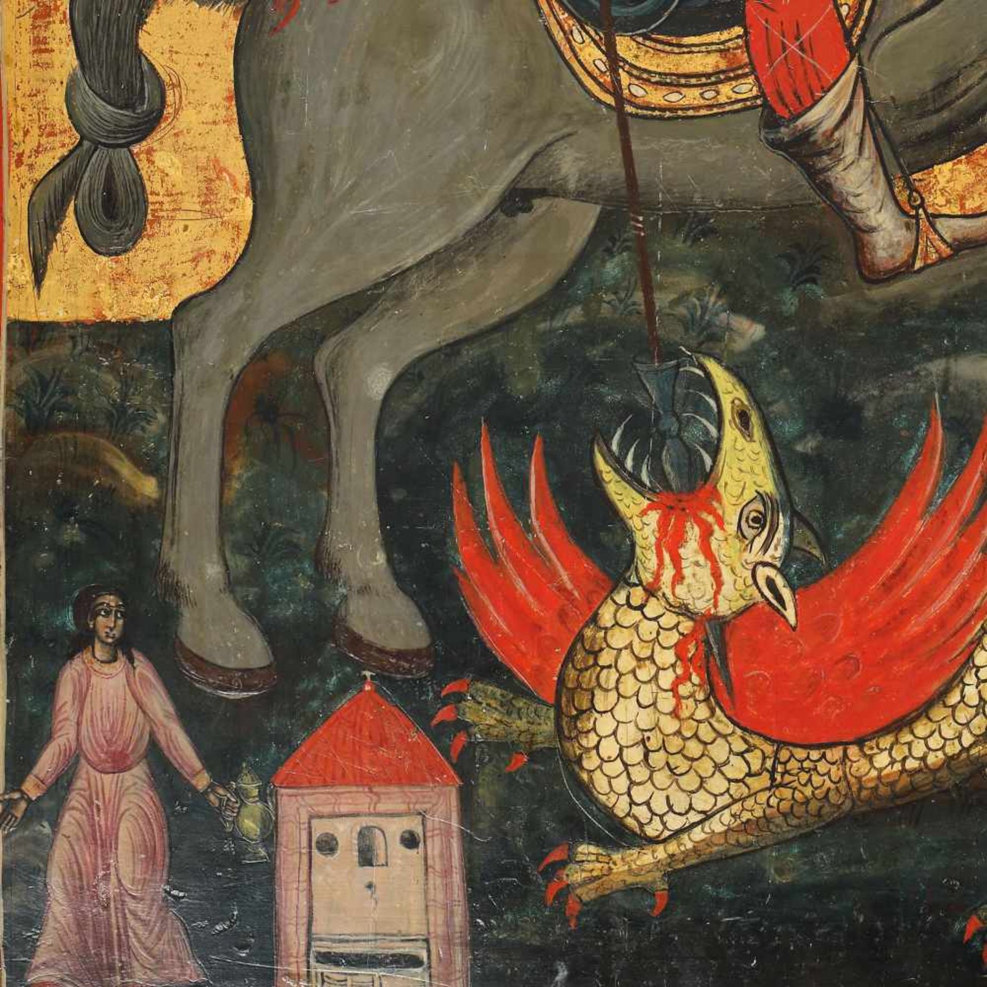 ”Saint George Killing the Dragon”, Greek school (Mount Athos workshop), mid-18th century, royal - Image 2 of 3