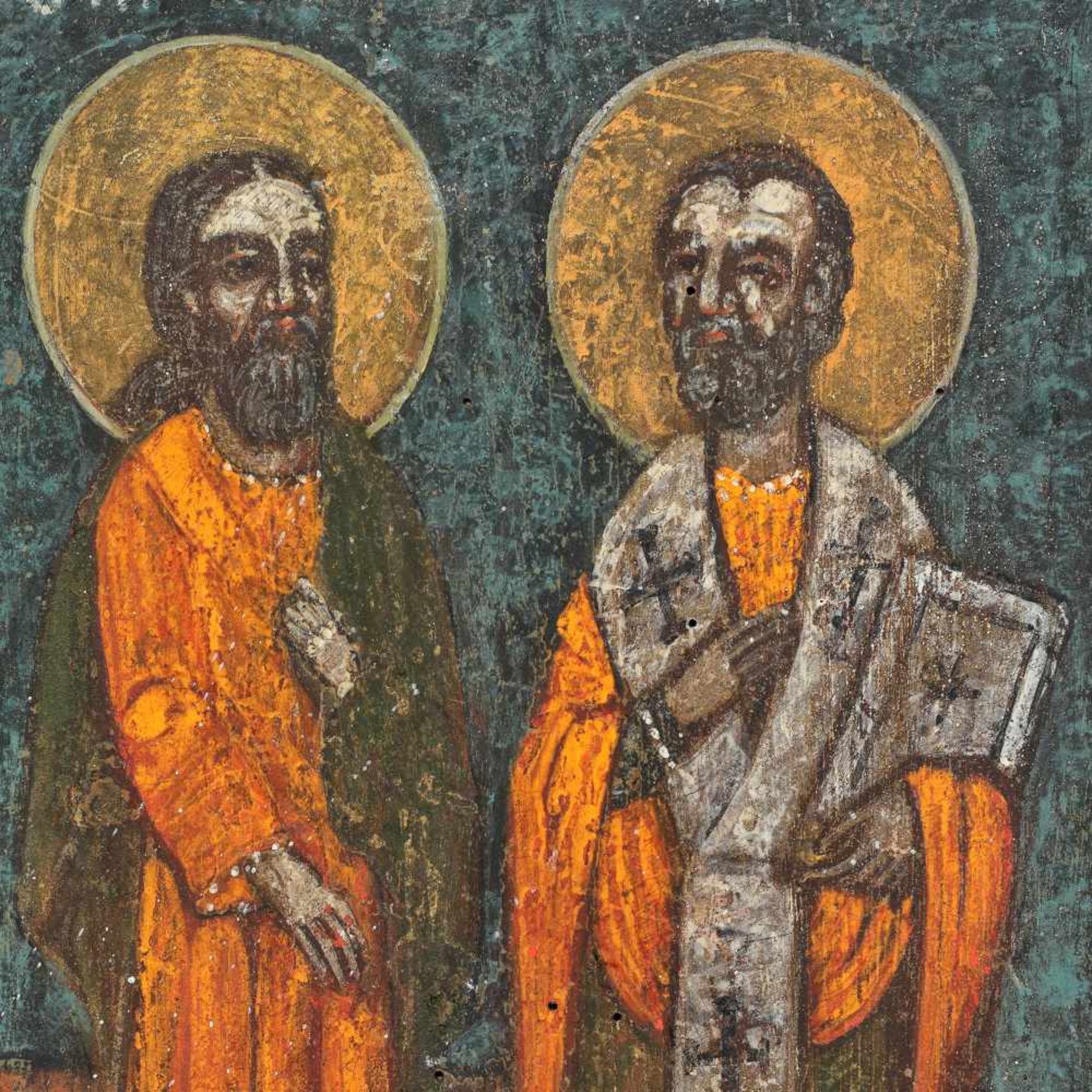 ”The Holy Hierarchs John and Nicholas”, Romanian school, early 19th century - Image 2 of 2