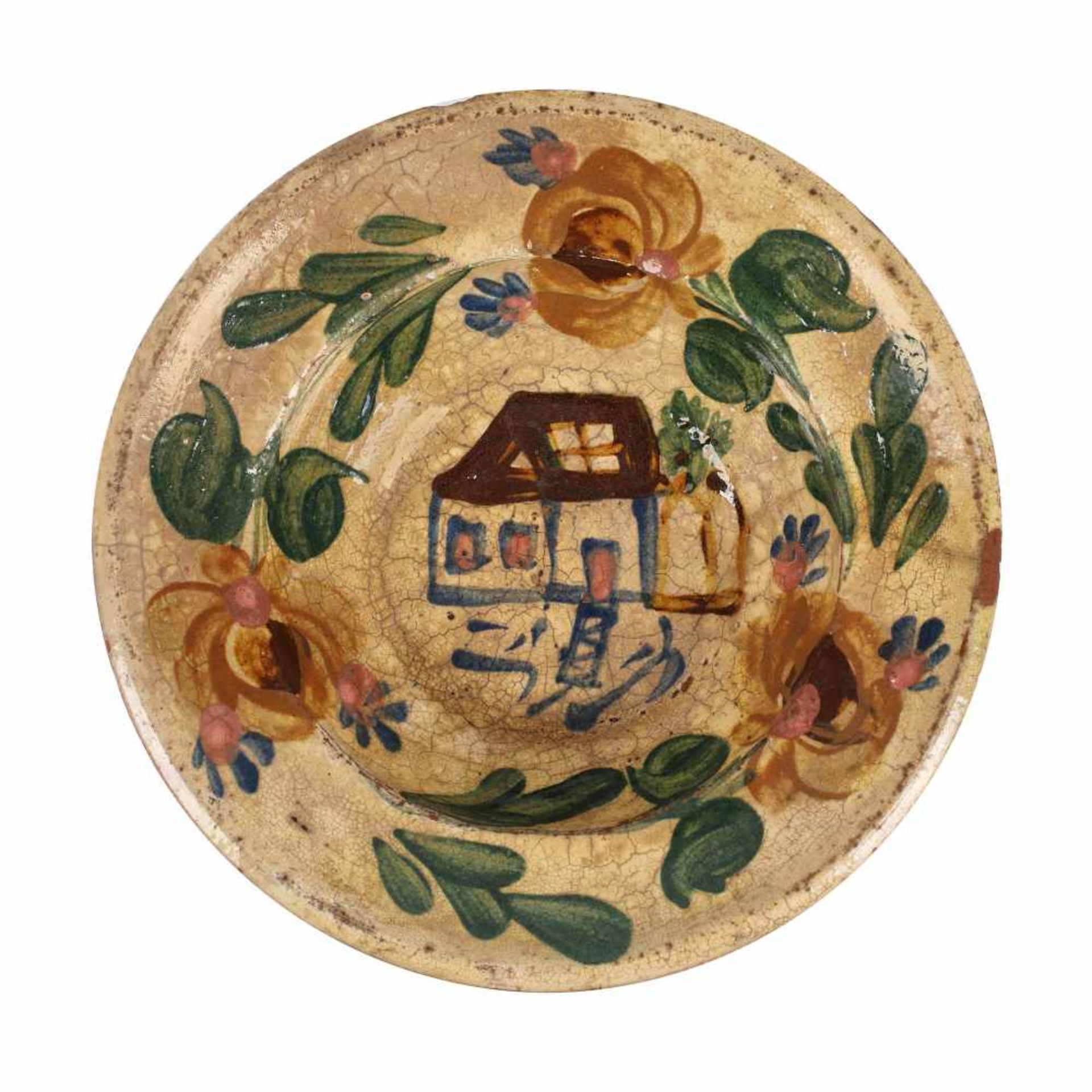 Plate, decorated with a small house, Târgu Lăpuș, Maramureș, approx. 1920