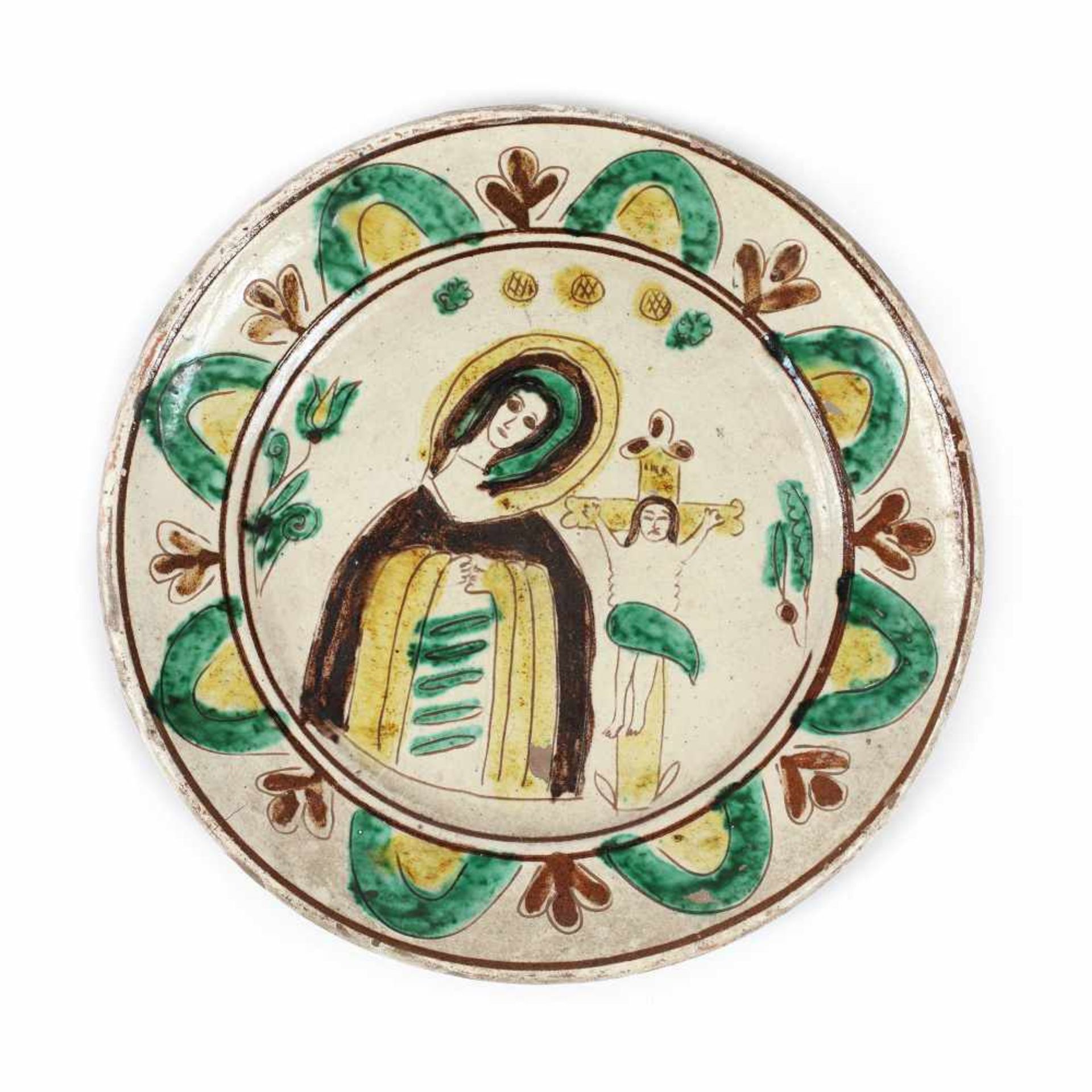 Plate, Kuty type, decorated with ”Bereaved Virgin Mary” scene, Rădăuți, interwar period