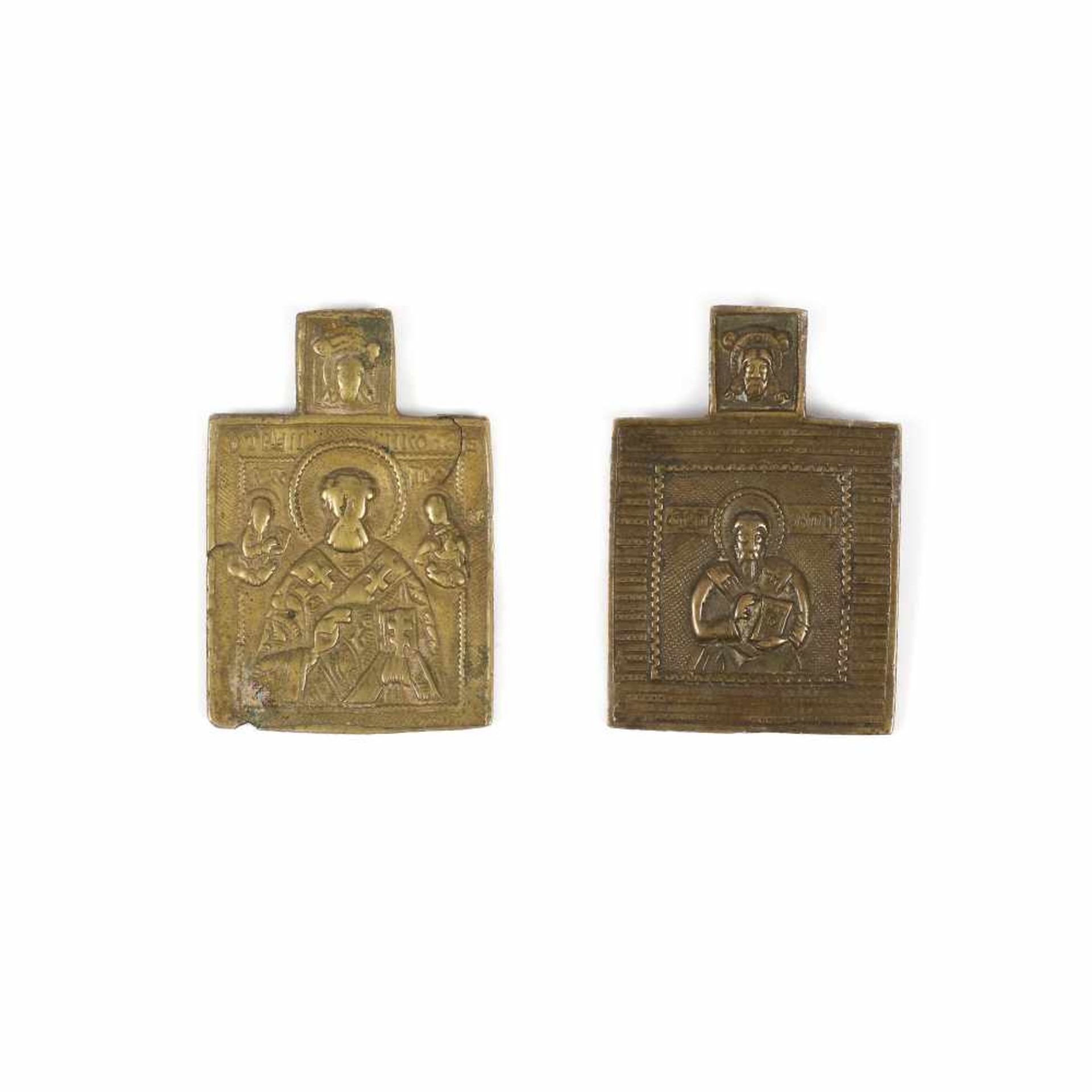 ”Saint Anton” and ”Saint Nicholas”, 19th century, lot of two Lipovan brass travel icons