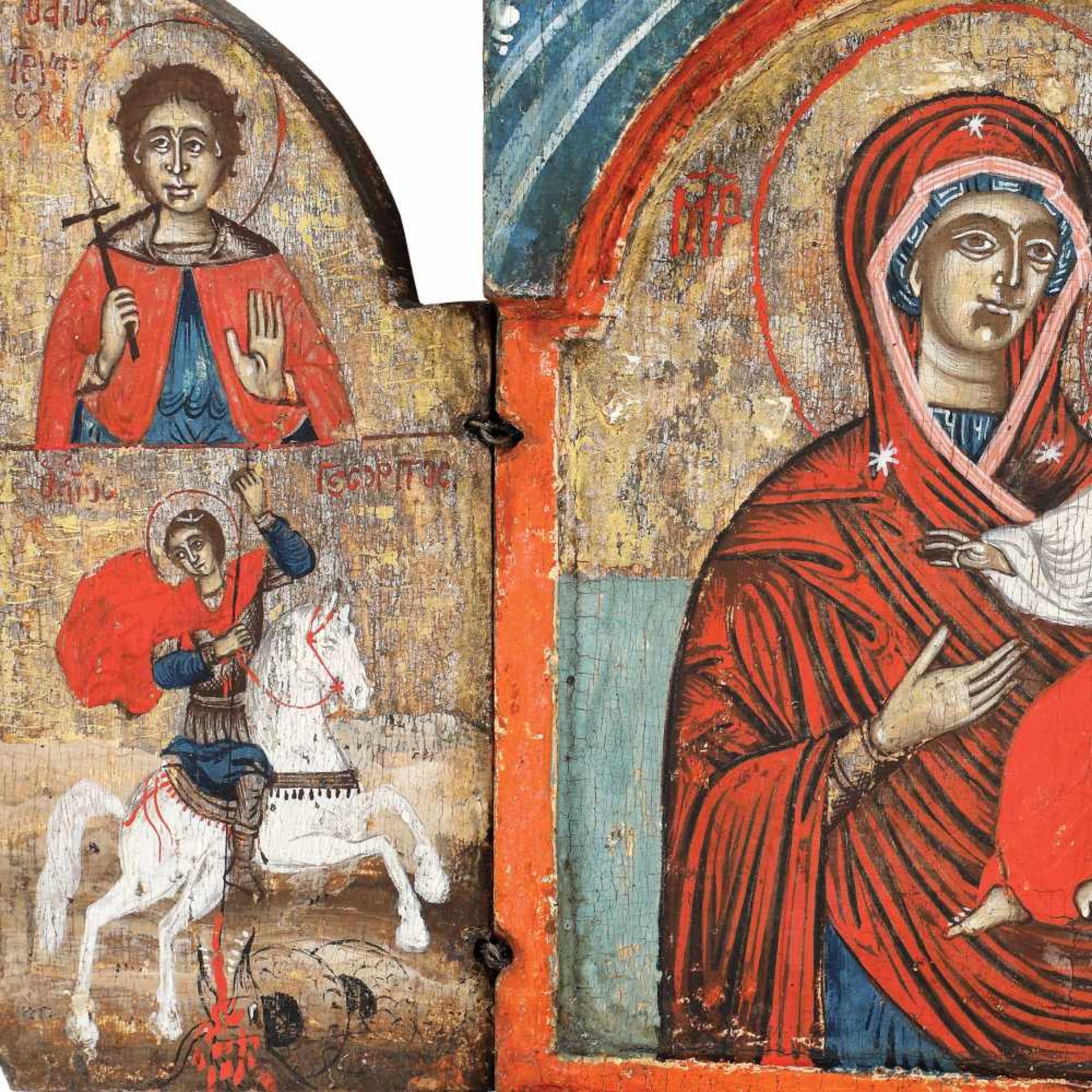 ”Virgin Mary and the Baby (Hodighitria), Saint George, Saint Haralambie and Saint Dumitru”, Gree - Image 3 of 4