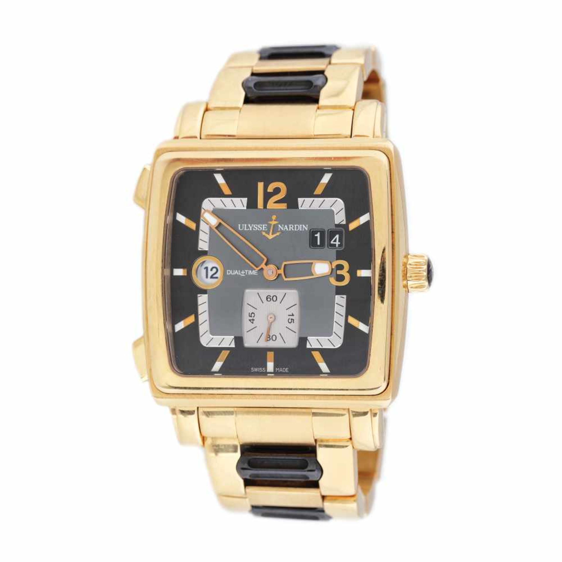 Ulysse Nardin Quadrato Dual Time wristwatch, rose gold, men, provenance documents and original box