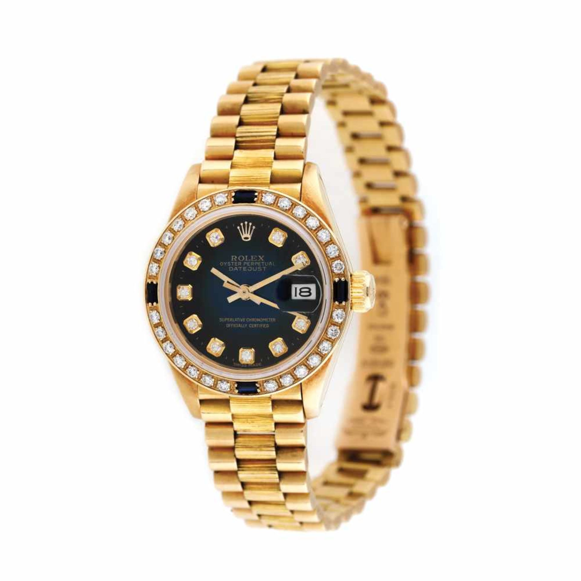 Rolex Datejust bracelet watch, gold, women, decorated with diamonds and sapphires, provenance docume