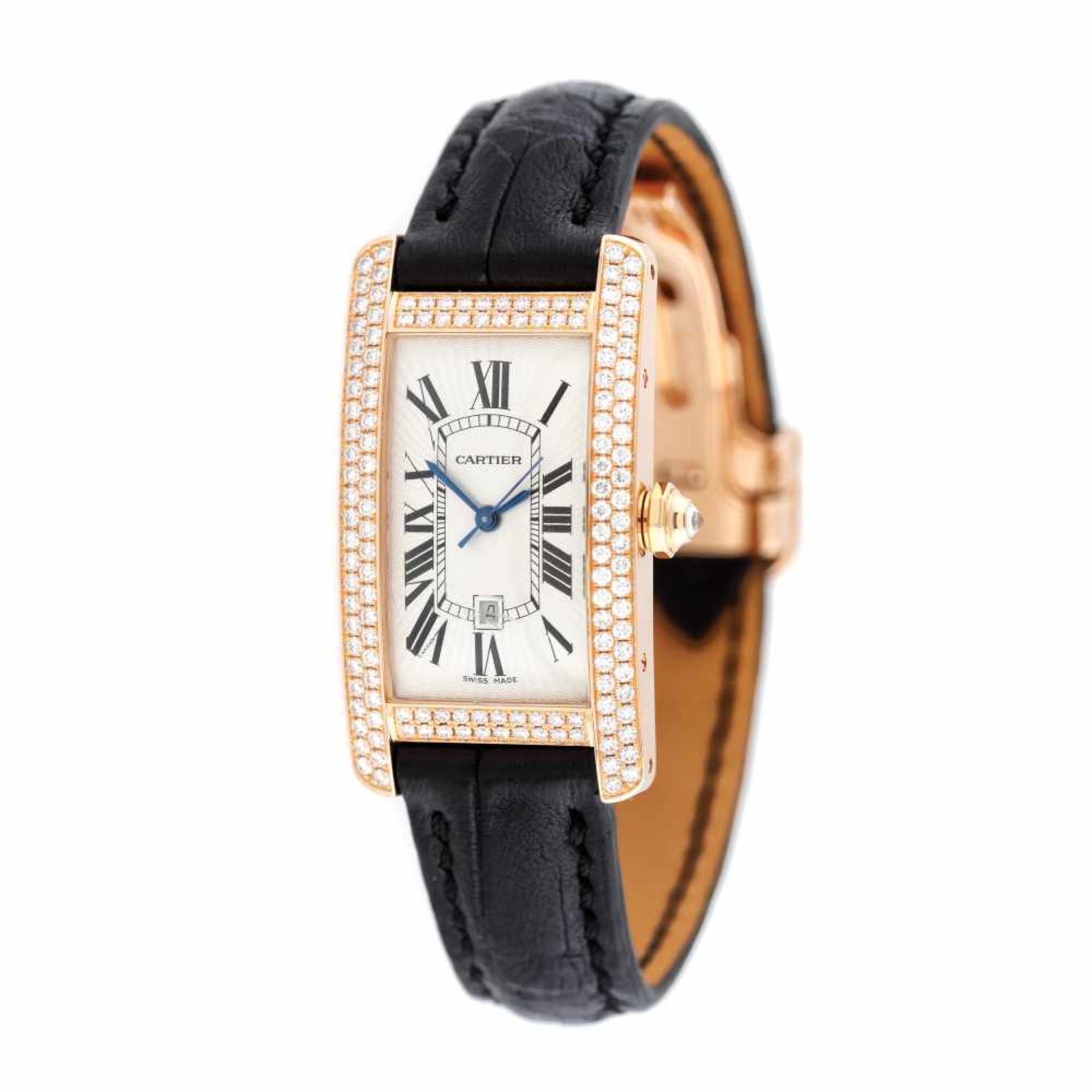 Cartier Tank Américaine wristwatch, rose gold, diamond-paved bezel, women, provenance documents and