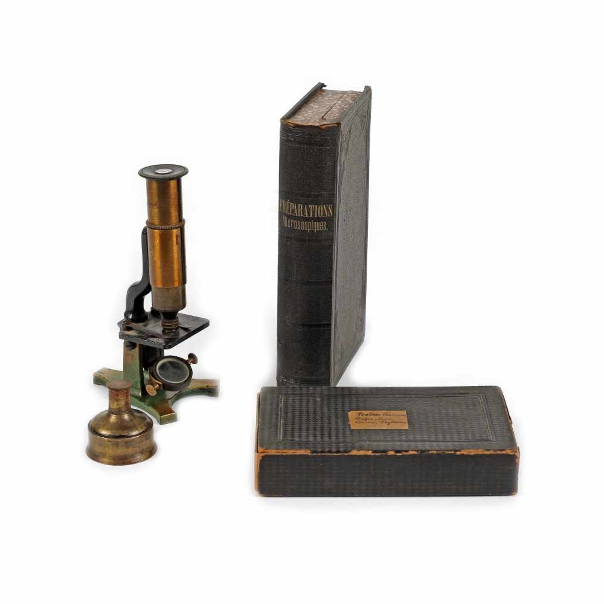 Microscope with slides with different actives and spirit lamp, middle 20th century