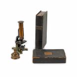 Microscope with slides with different actives and spirit lamp, middle 20th century