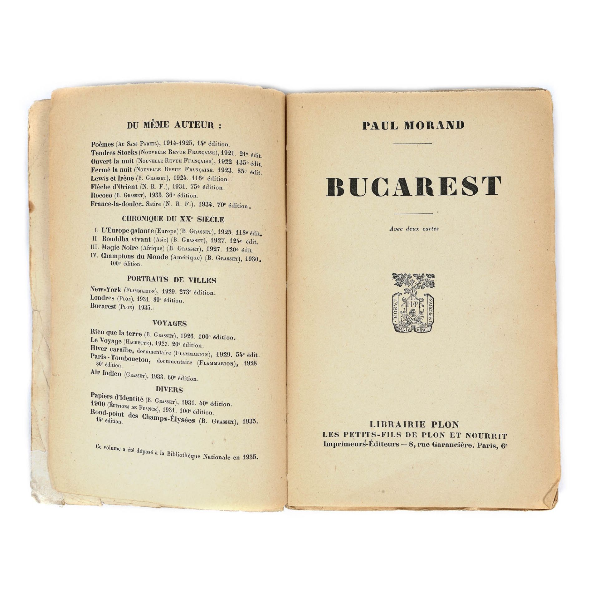 "Bucarest" ("Bucharest"), by Paul Morand, French, Paris, 1935 - Bild 2 aus 3