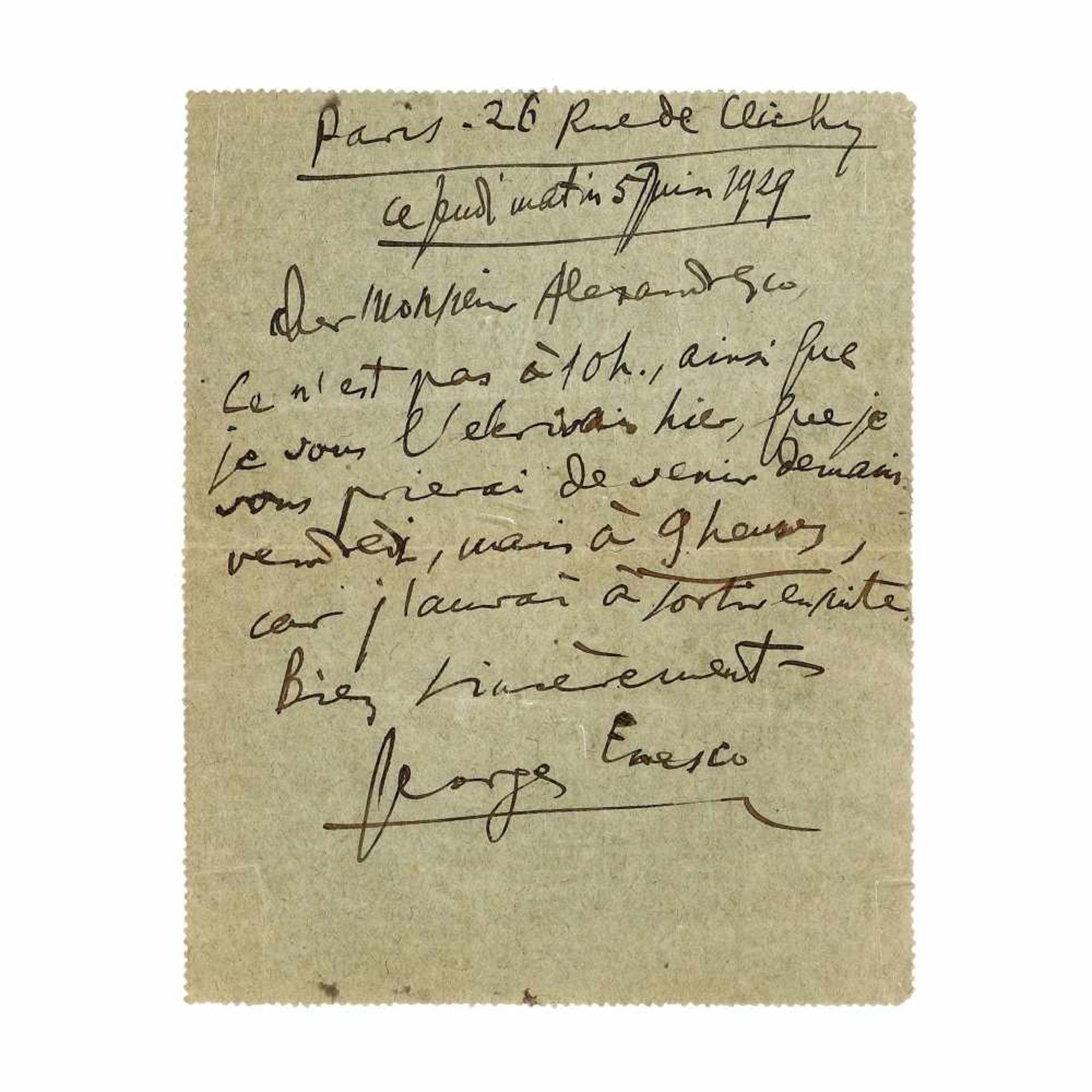 Letter sent by George Enescu to the composer and music critic Romeo Alexandrescu, Paris, June 5, 192