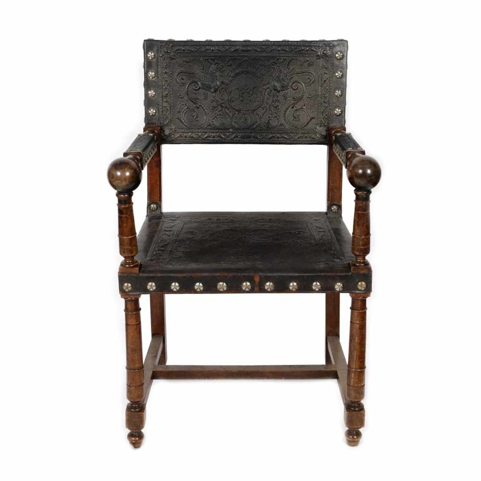 Neo-Renaissance inspired chair, with embossed cordoba leather, late 19th century, belonged to the pa