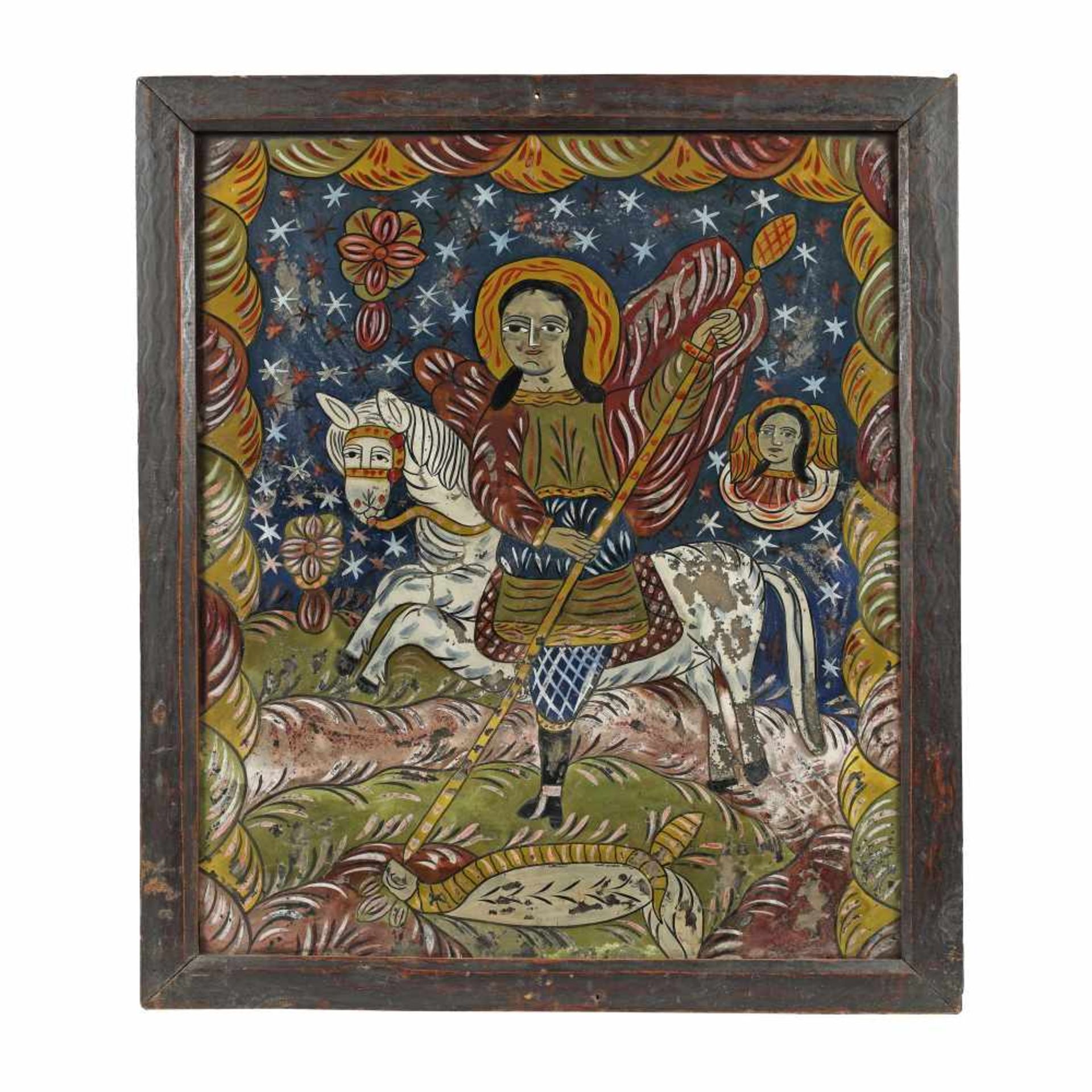 "Saint George Killing the Dragon", painted frame, attributed to painter Ana Deji, Făgăraș, late 1