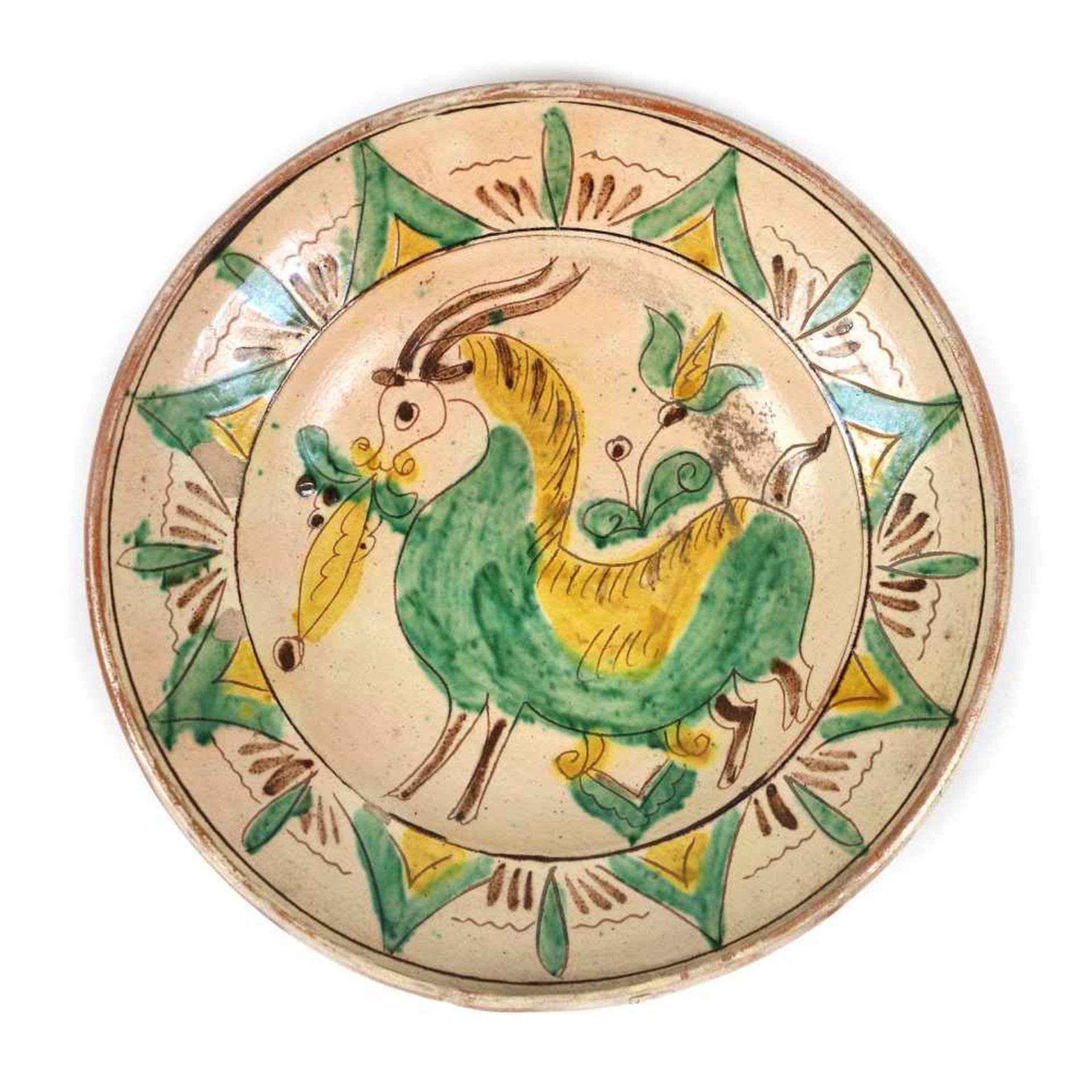 Decorative ceramic bowl, Kuty type, decorated with a goat, author Constantin Colibaba, early 20th ce