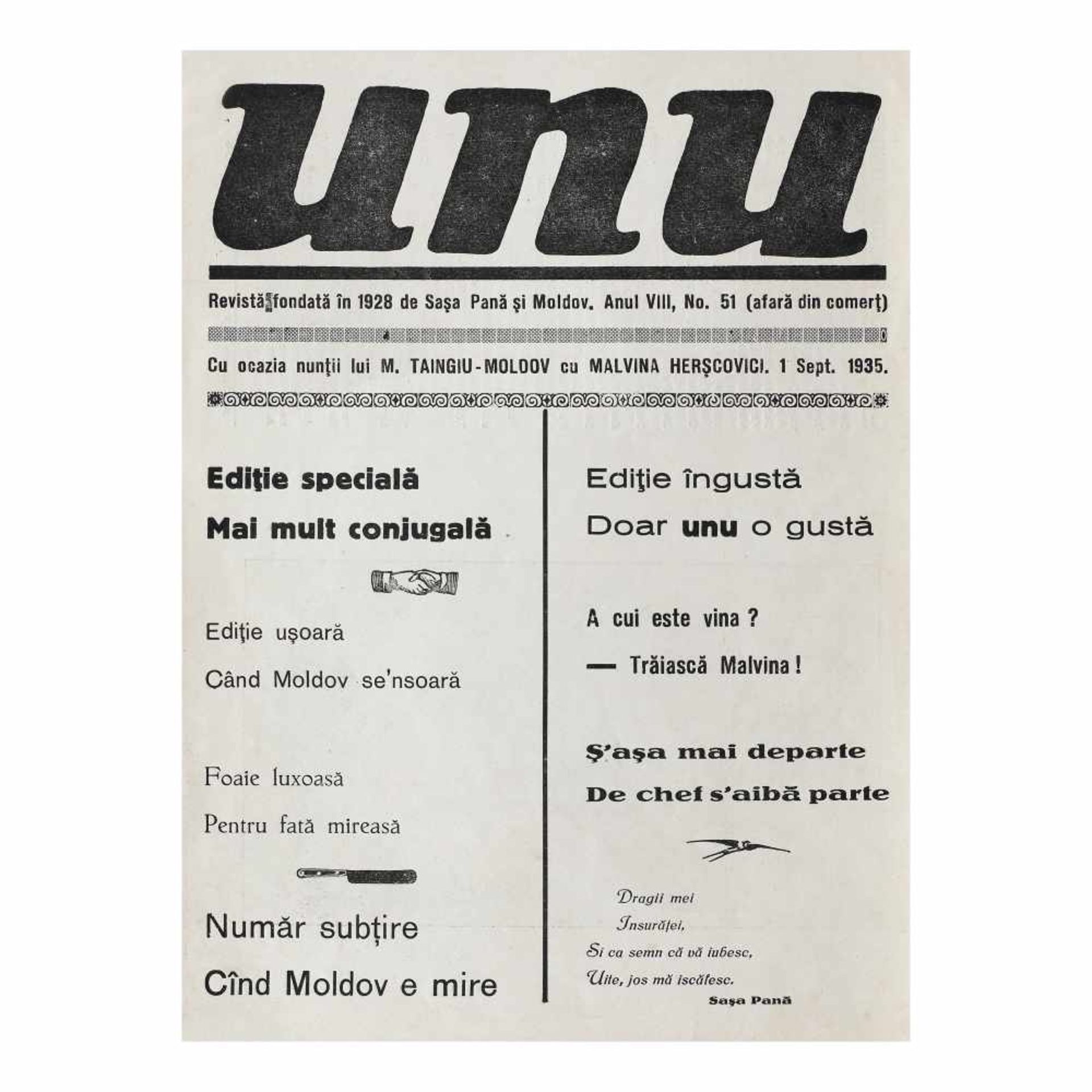 "Unu" ("One") magazine, year III, number 51 (non-commercial issue, dedicated to Moldov's wedding), 1