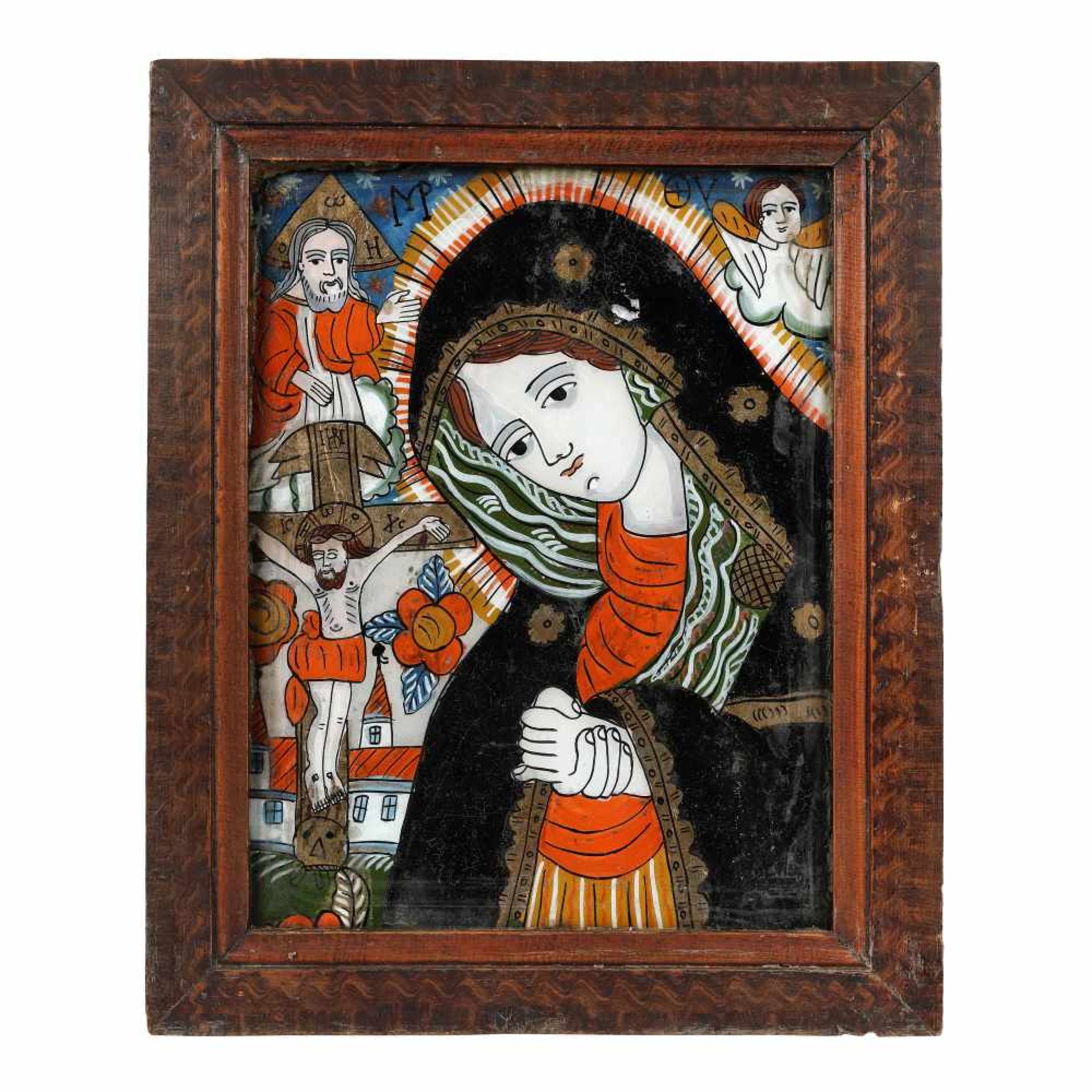 "Bereaved Virgin Mary", painted frame, Transylvanian workshop (Șcheii Brașovului), late 19th centu