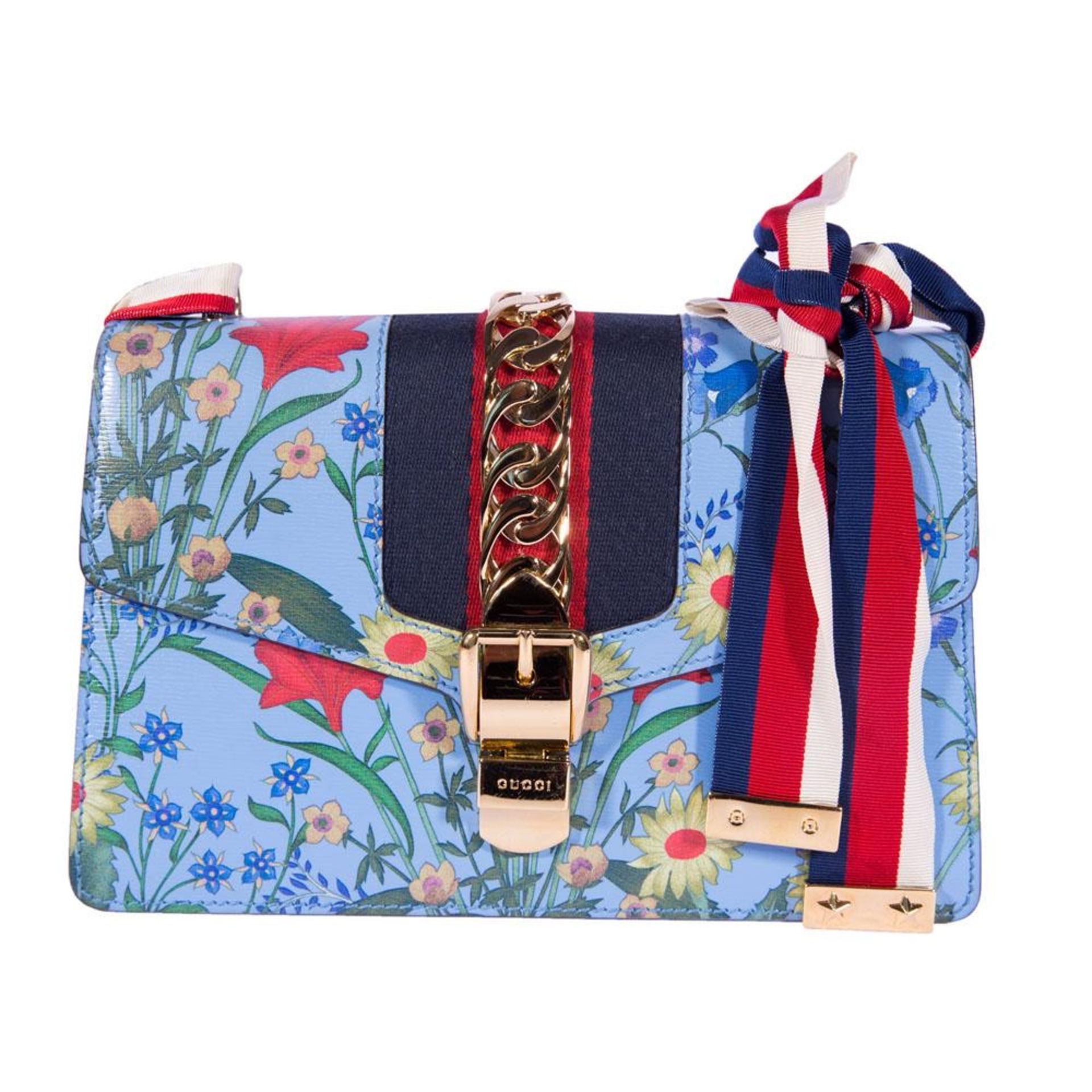 "Sylvie Flora" - Gucci bag, leather, blue, decorated with vegetal motifs and metallic appliqué