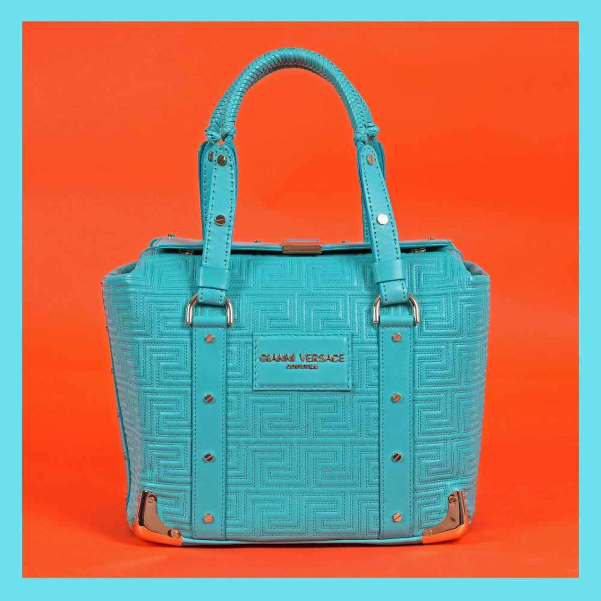 Gianni Versace Couture bag, leather, with greca motif, turquoise, for women