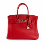 "Birkin 30" - Hermès bag, Clemence leather, colour Rouge Casaque, for women