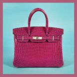 "Birkin 30" - Hermès rare bag, crocodile leather, colour Scheherazade Pink, for women, accompanied