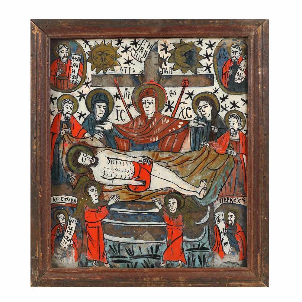 "The Lamentation of Jesus", icon on glass, stained frame, Țara Bârsei workshop, mid-19th century