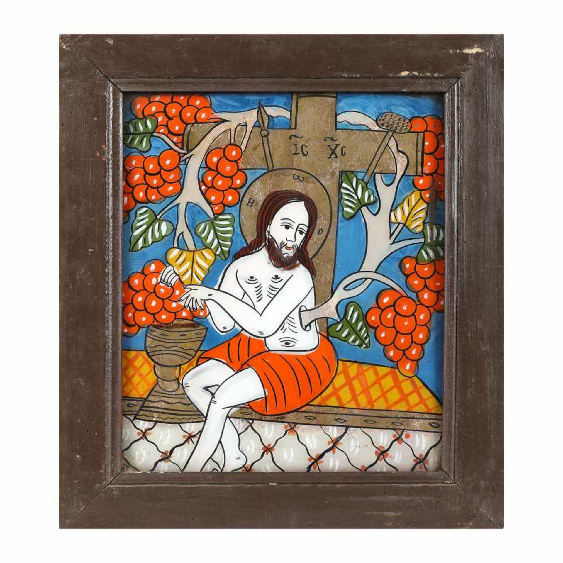 "Jesus the True Vine", icon on glass, painted frame, Șcheii Brașovului workshop, late 19th century