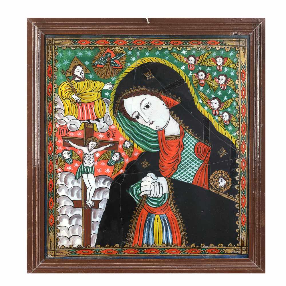 "Bereaved Virgin Mary", icon on glass, painted frame, attributed to painter Petru Tămaș-father,