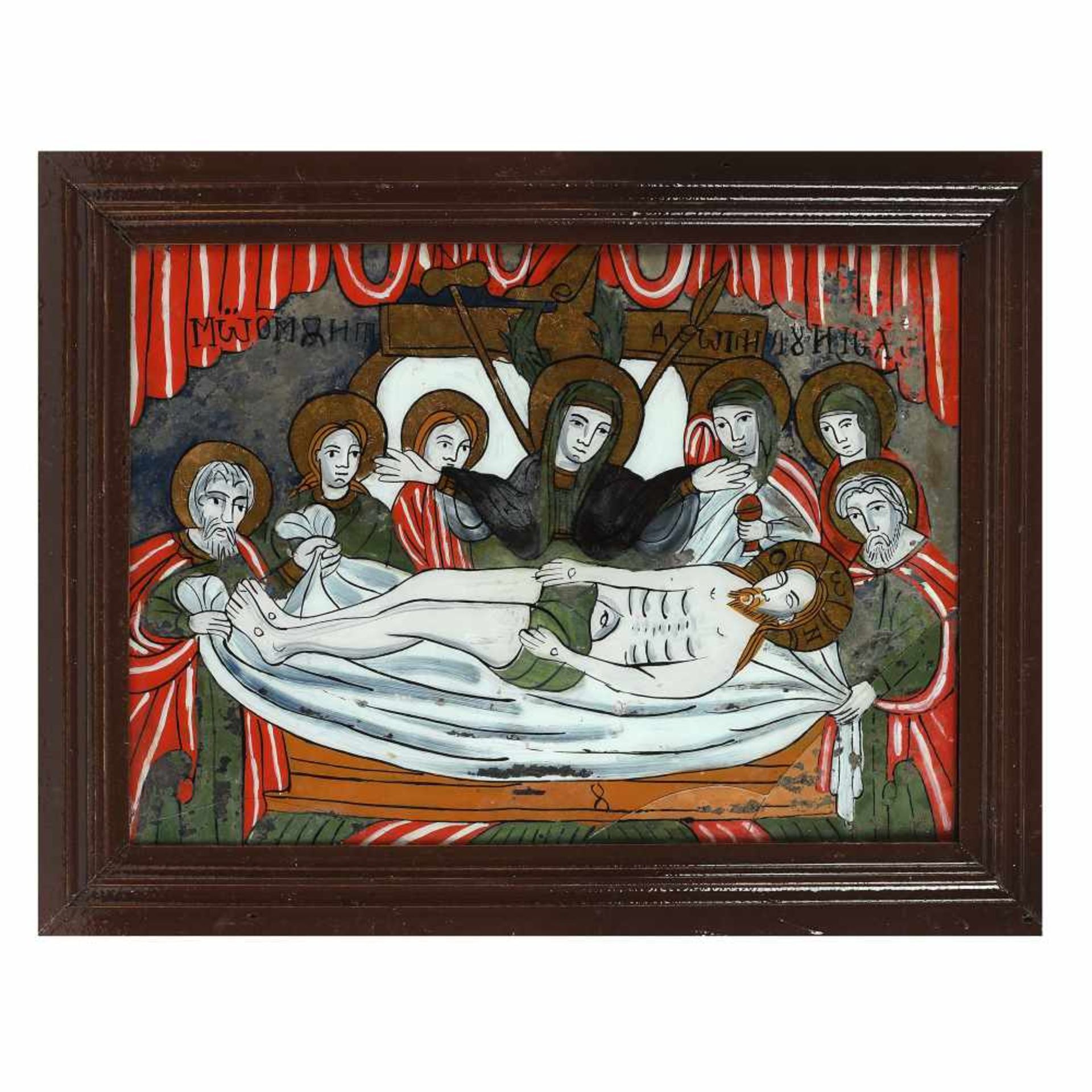 "The Lamentation of Jesus", icon on glass, stained frame, Țara Făgărașului workshop, approx. 186