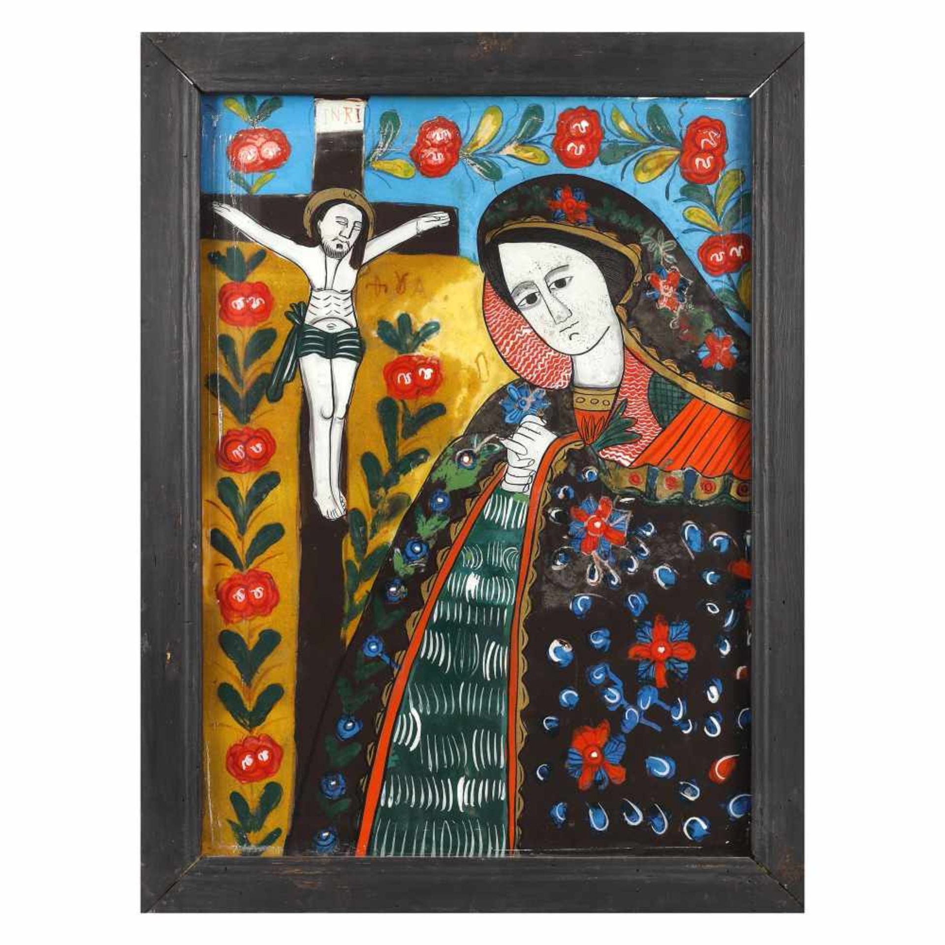 "Bereaved Virgin Mary", icon on glass, attributed to painter Maria Chifor 2, early 20th century