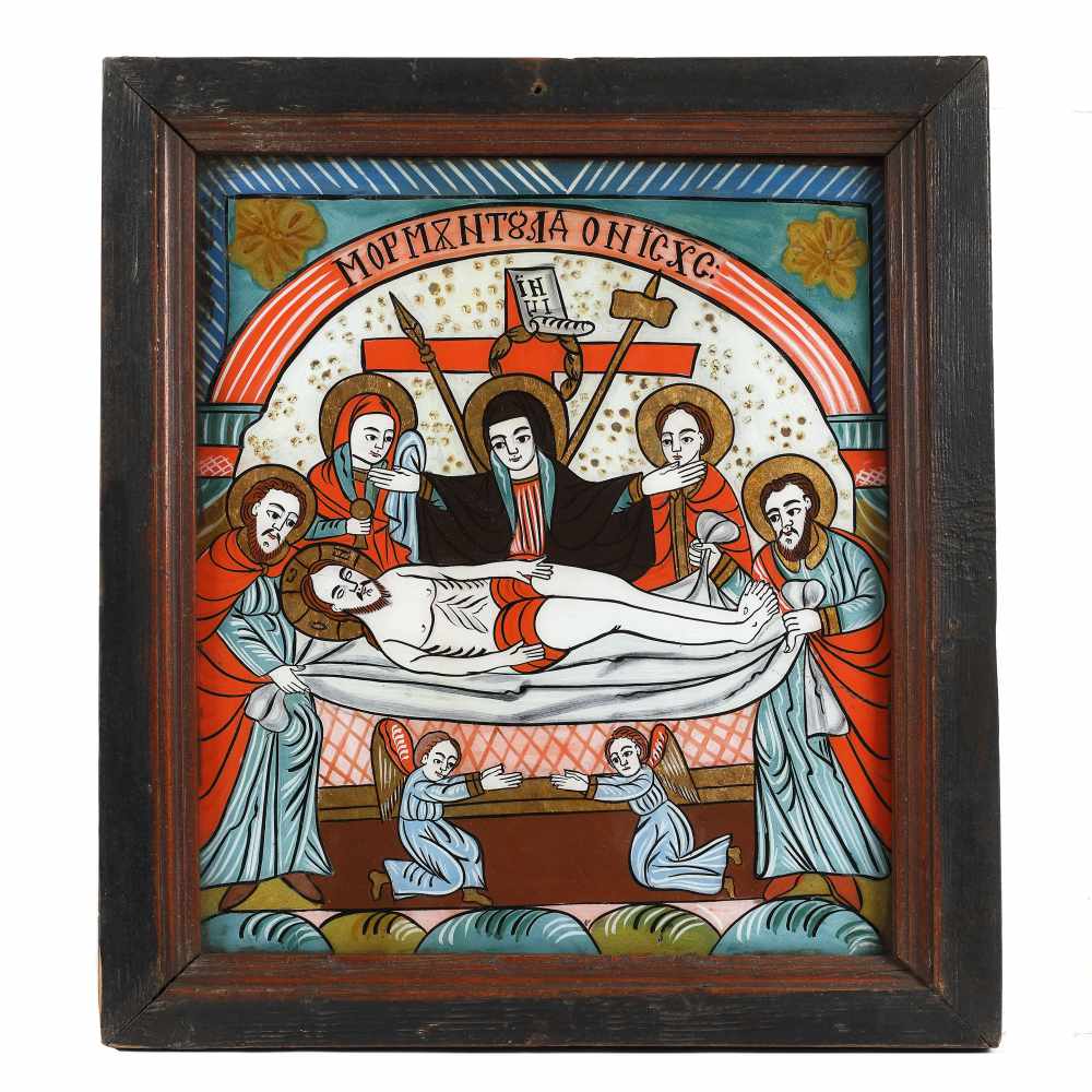 "The Lamentation of Jesus", icon on glass, stained frame, Grecu workshop, Săsăuș, mid-19th centur