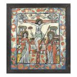 "The Crucifixion of the Lord", icon on glass, Nicula workshop, stained frame, 19th century