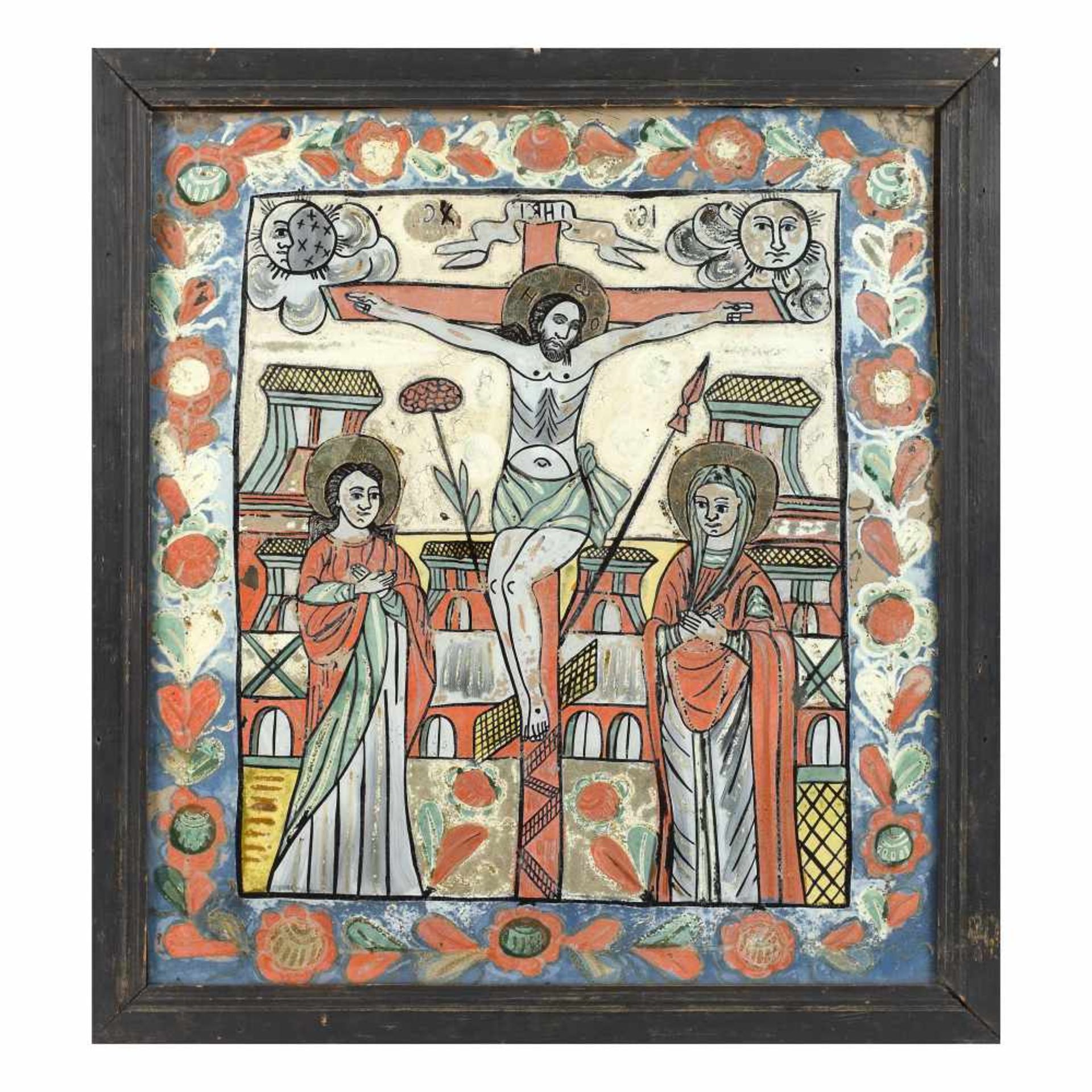 "The Crucifixion of the Lord", icon on glass, Nicula workshop, stained frame, 19th century