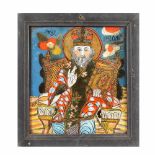 "Saint Nicholas Enthroned", icon on glass, Țara Bârsei workshop, late 19th century