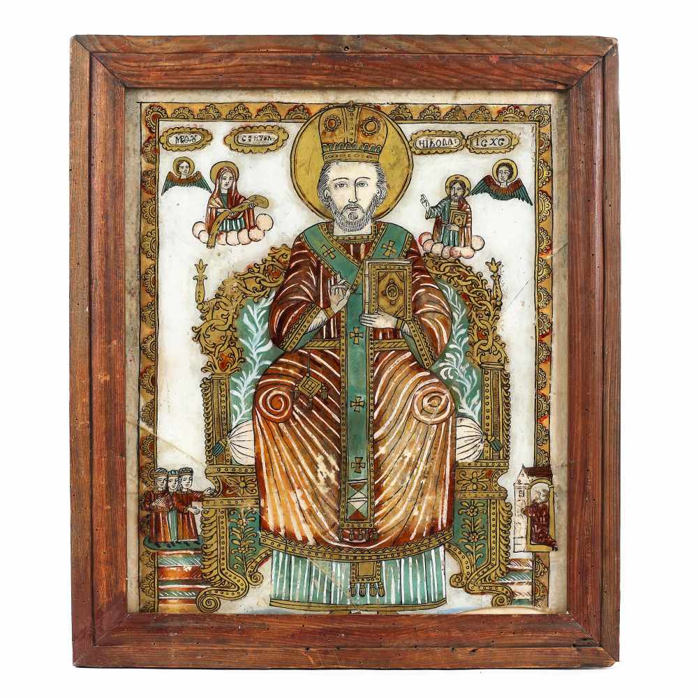 "Saint Nicholas the Miracle-Worker Enthroned", icon on glass, attributed to painter Matei Țâmforea