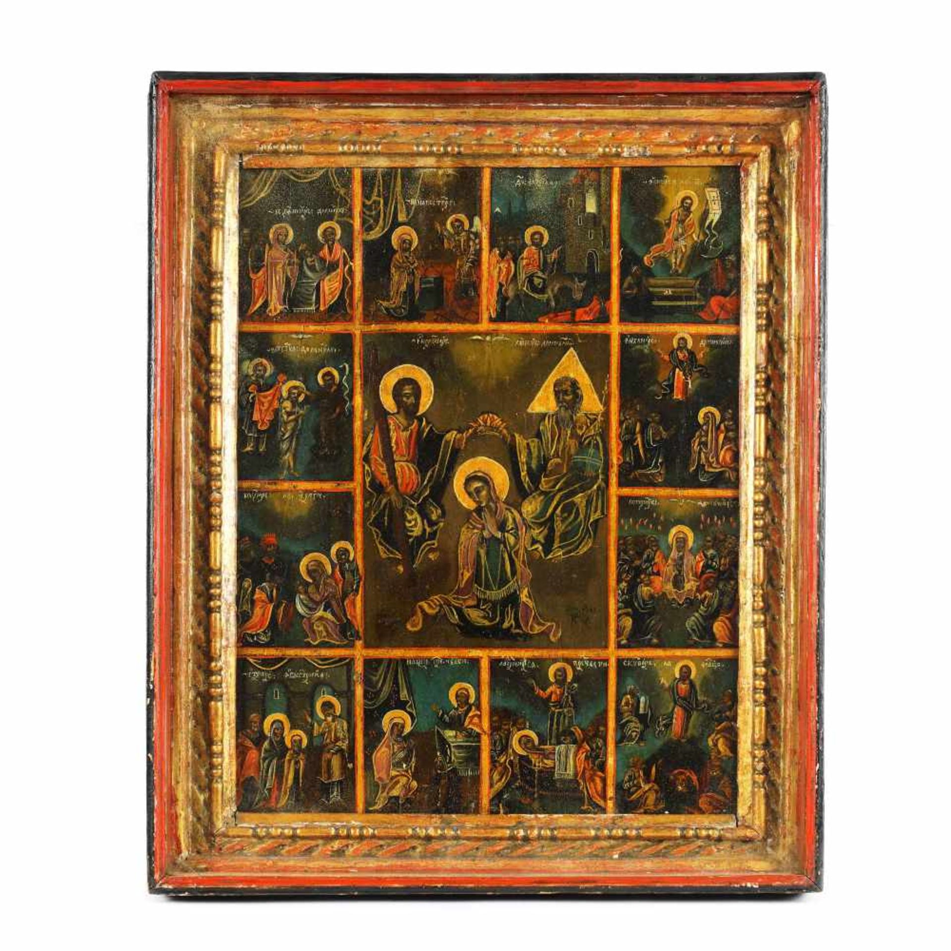 "Coronation of the Mother of God (Holy Trinity) and 12 scenes", holiday icon on wood, carved and pai