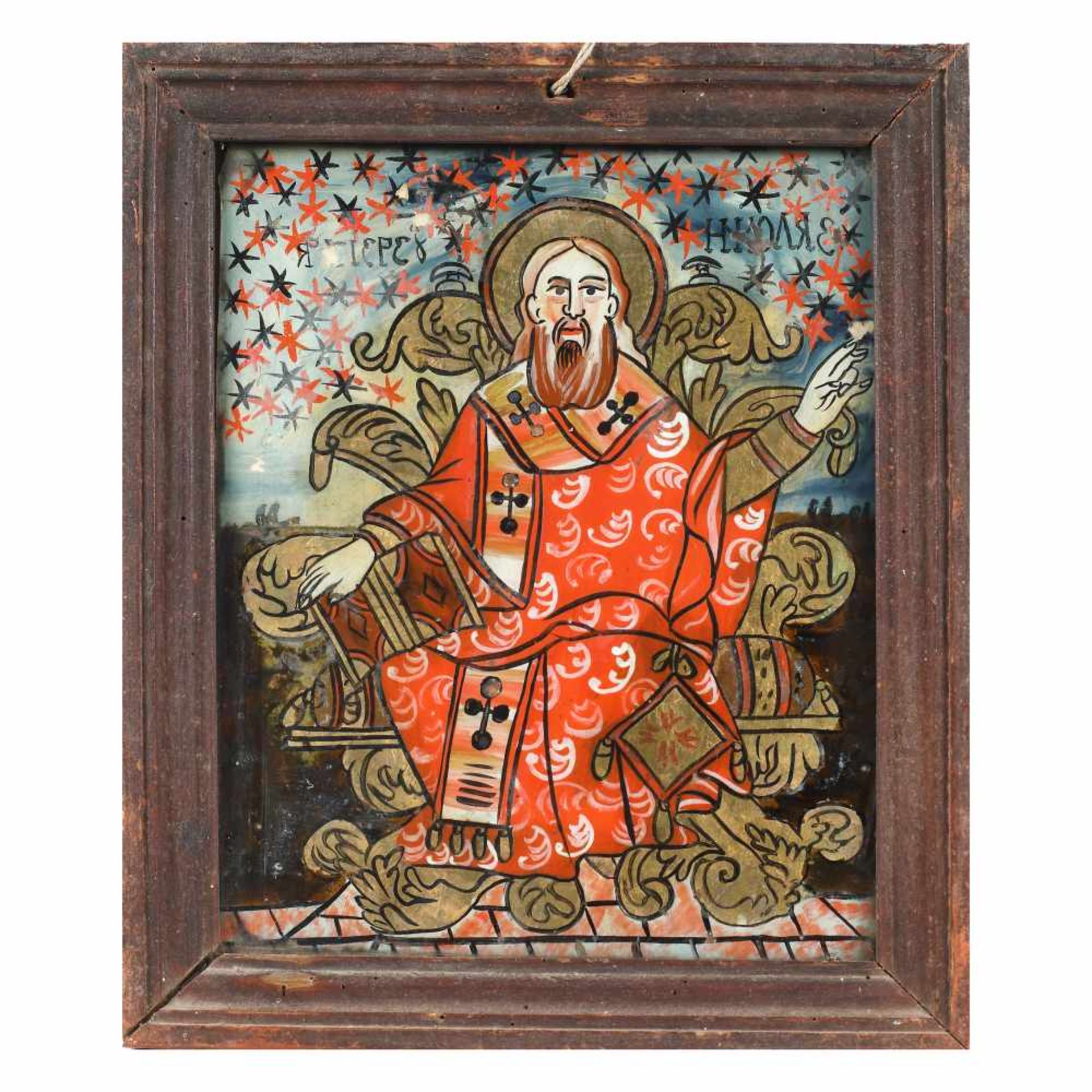 "Saint Nicholas Enthroned", icon on glass, Țara Bârsei workshop, late 19th century