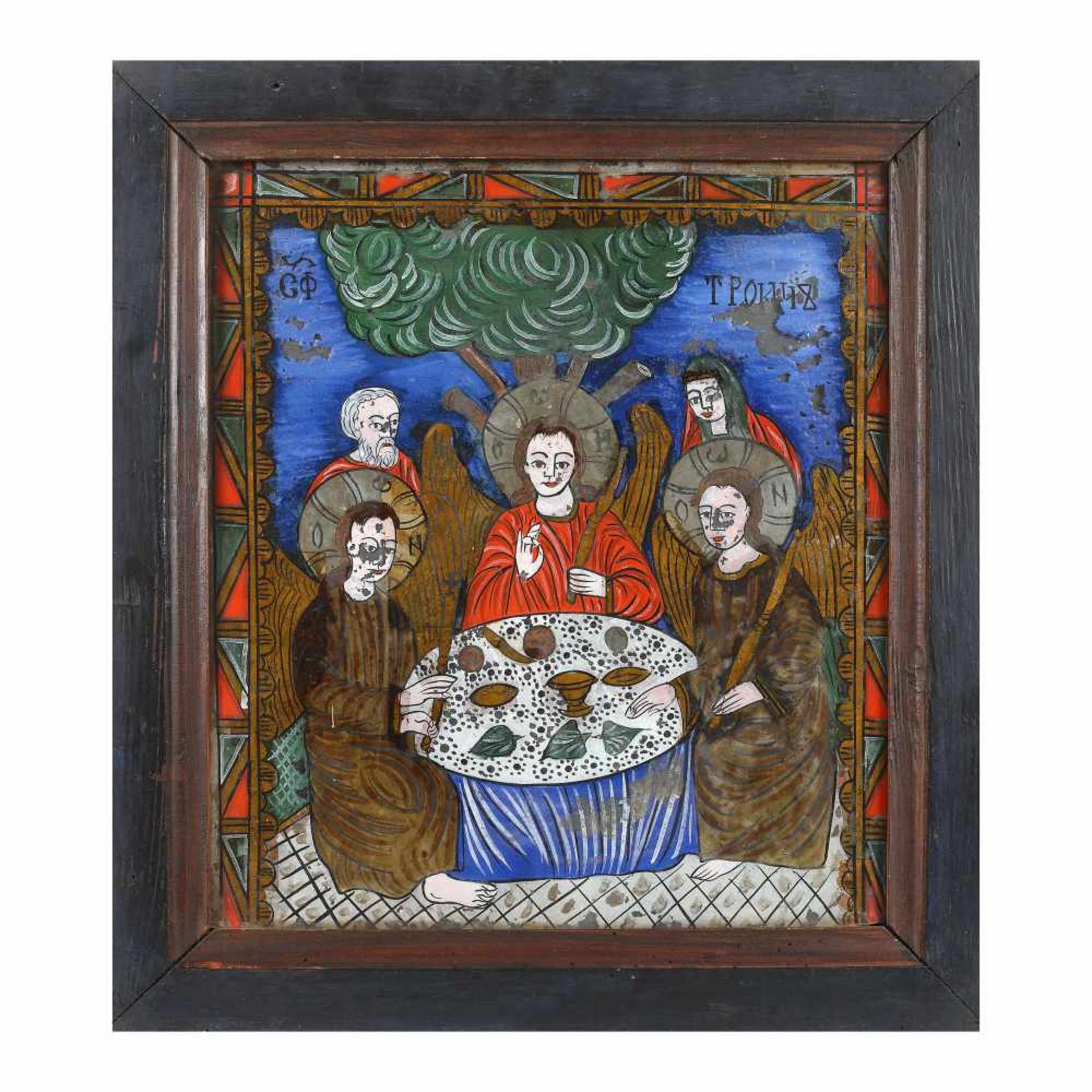 "Holy Trinity" (Mamvri Dinner), icon on glass, stained frame, attributed to a painter from Tămaș f