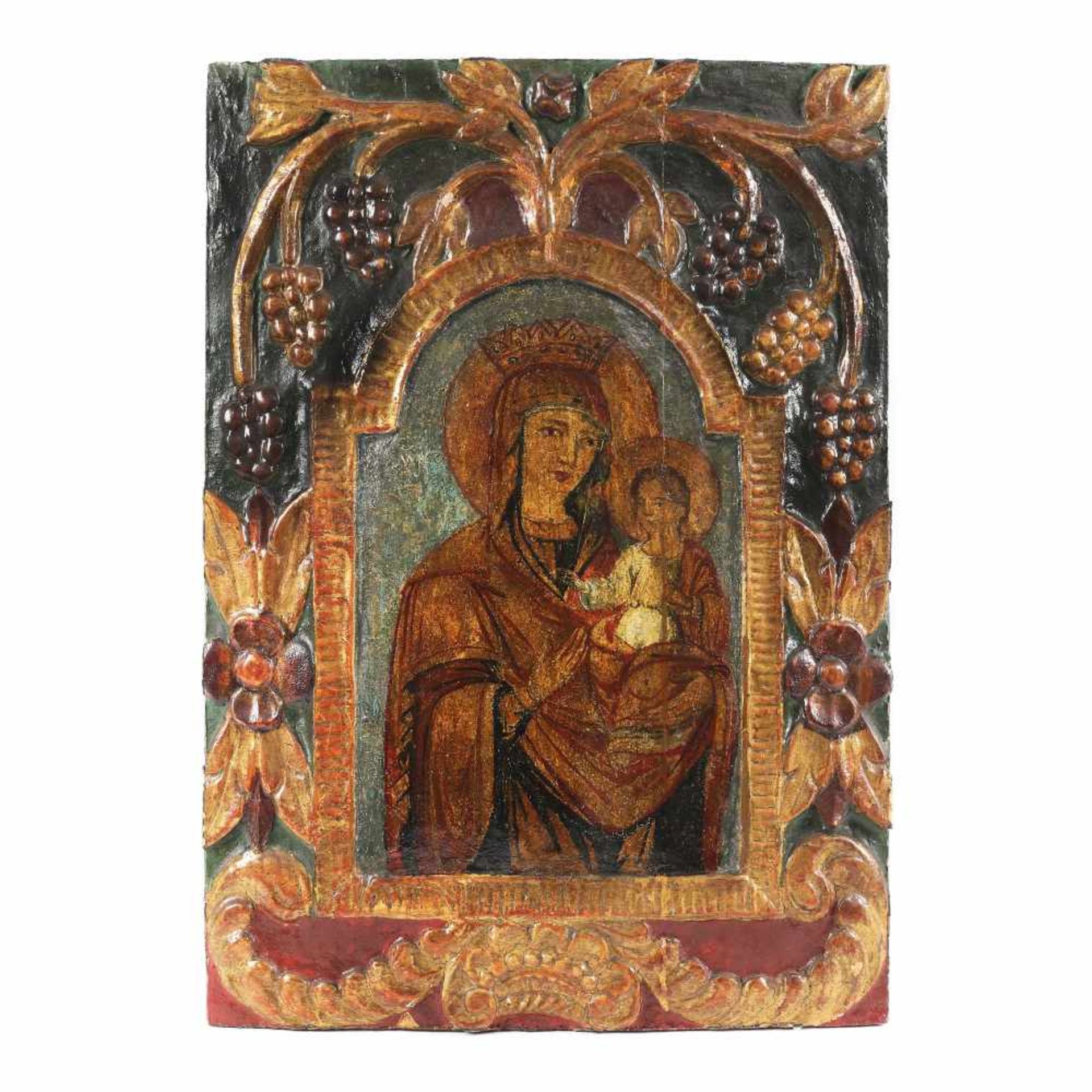 "Virgin Mary and the Baby (Hodighitria), icon on wood, carved frame, Romanian school, late 19th cent