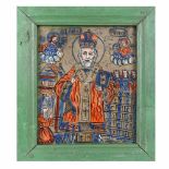 "Saint Nicholas", icon on glass, painted frame, attributed to painter Nicolae Oancea din Vale, Mărg