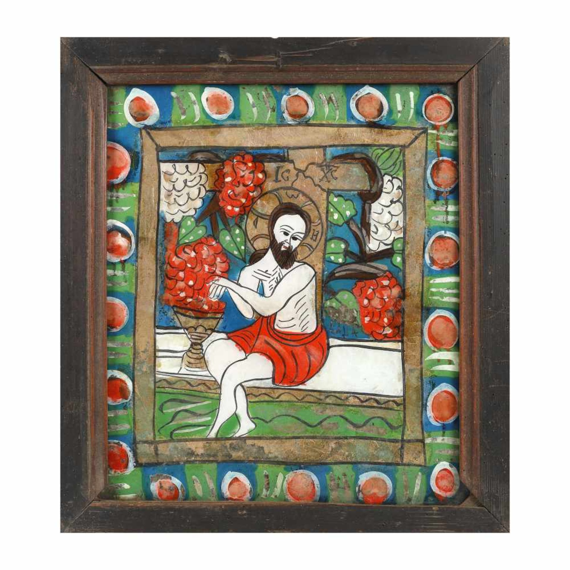 "Jesus the True Vine", icon on glass, stained frame, Șcheii Brașovului workshop, the first decades