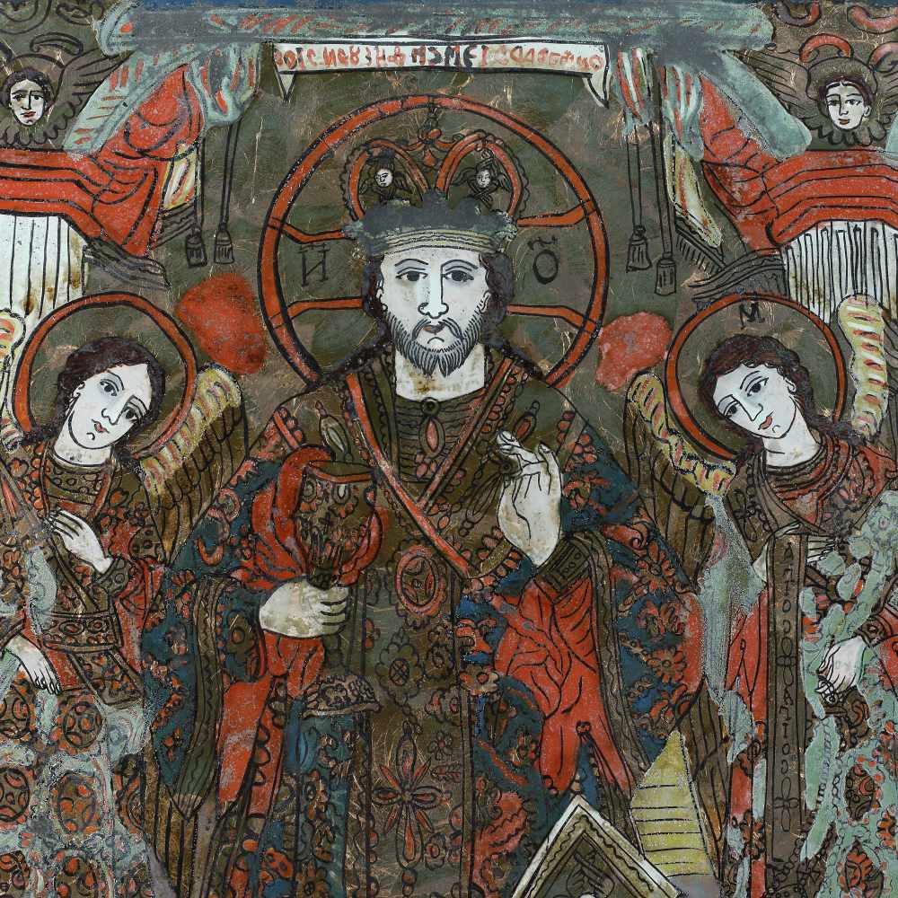 "Jesus Christ Emperor and High Bishop, Flanked by Archangels", icon on glass, Țara Bârsei workshop - Image 2 of 2