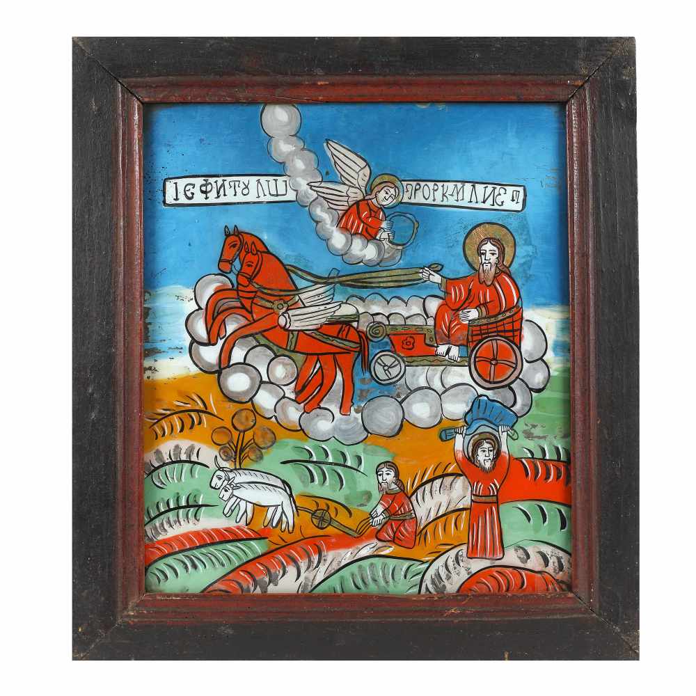"The Ascension of the Holy Prophet Elijah and scenes from his life", icon on glass, stained frame,