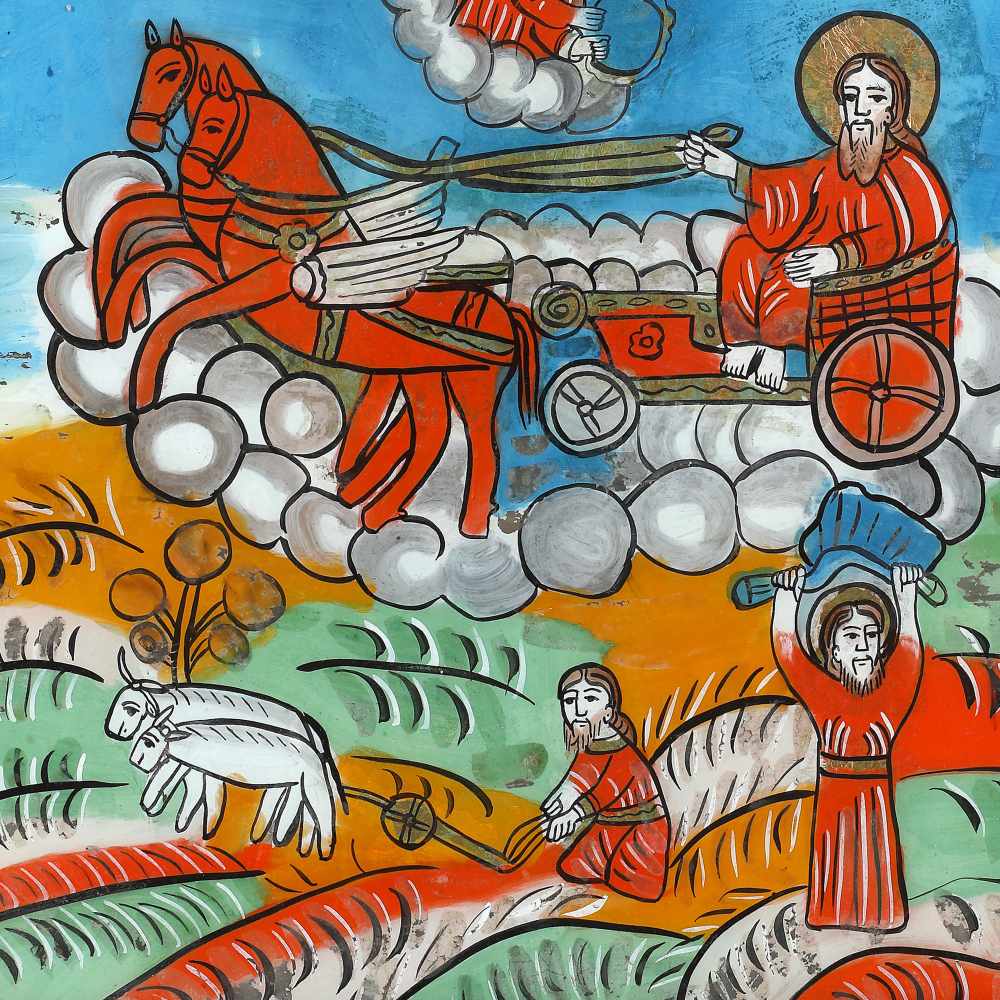 "The Ascension of the Holy Prophet Elijah and scenes from his life", icon on glass, stained frame, - Image 2 of 2