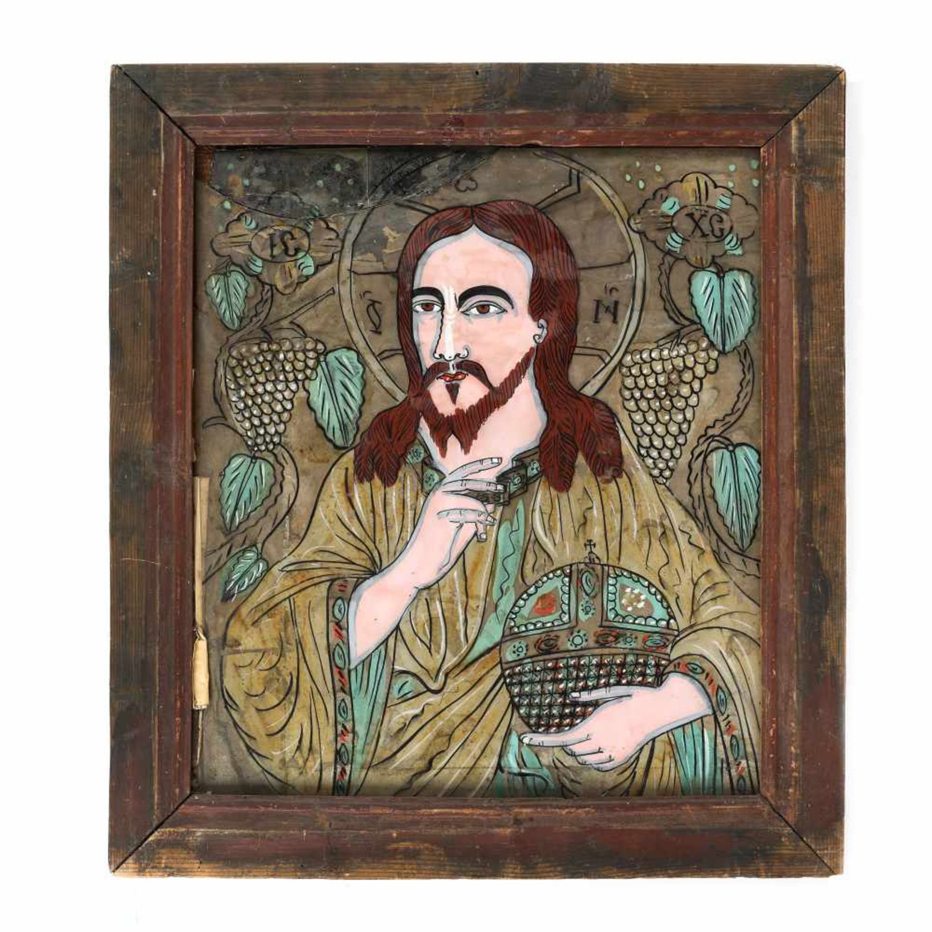 "Jesus Pantocrator", icon on glass, painted frame, attributed to painter Nicolae Oancea din Vale,